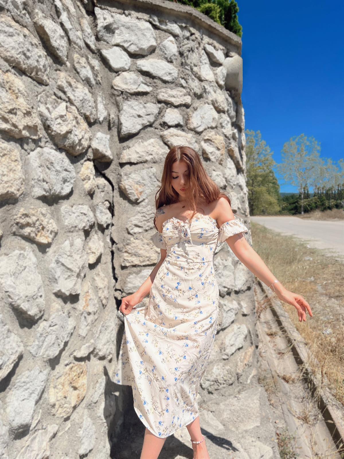 Gabrielle Gloplu Çiçek Desen Midi Elbise