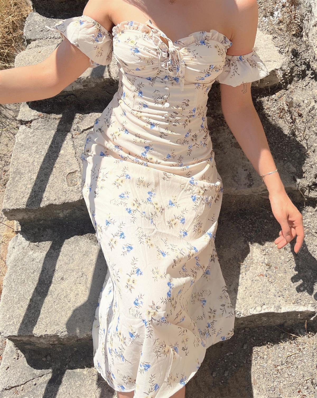 Gabrielle Gloplu Çiçek Desen Midi Elbise