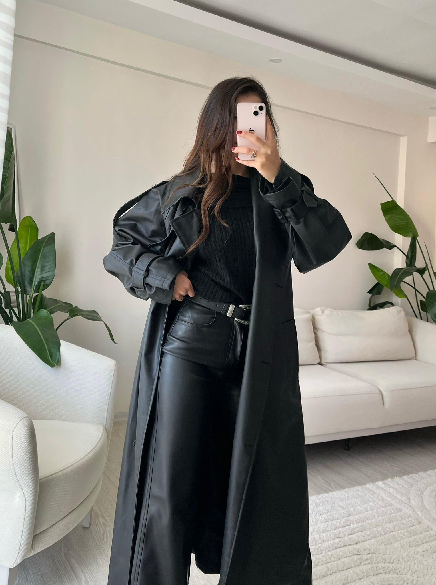 Gia Oversize Kemerli Premium Deri Trençkot