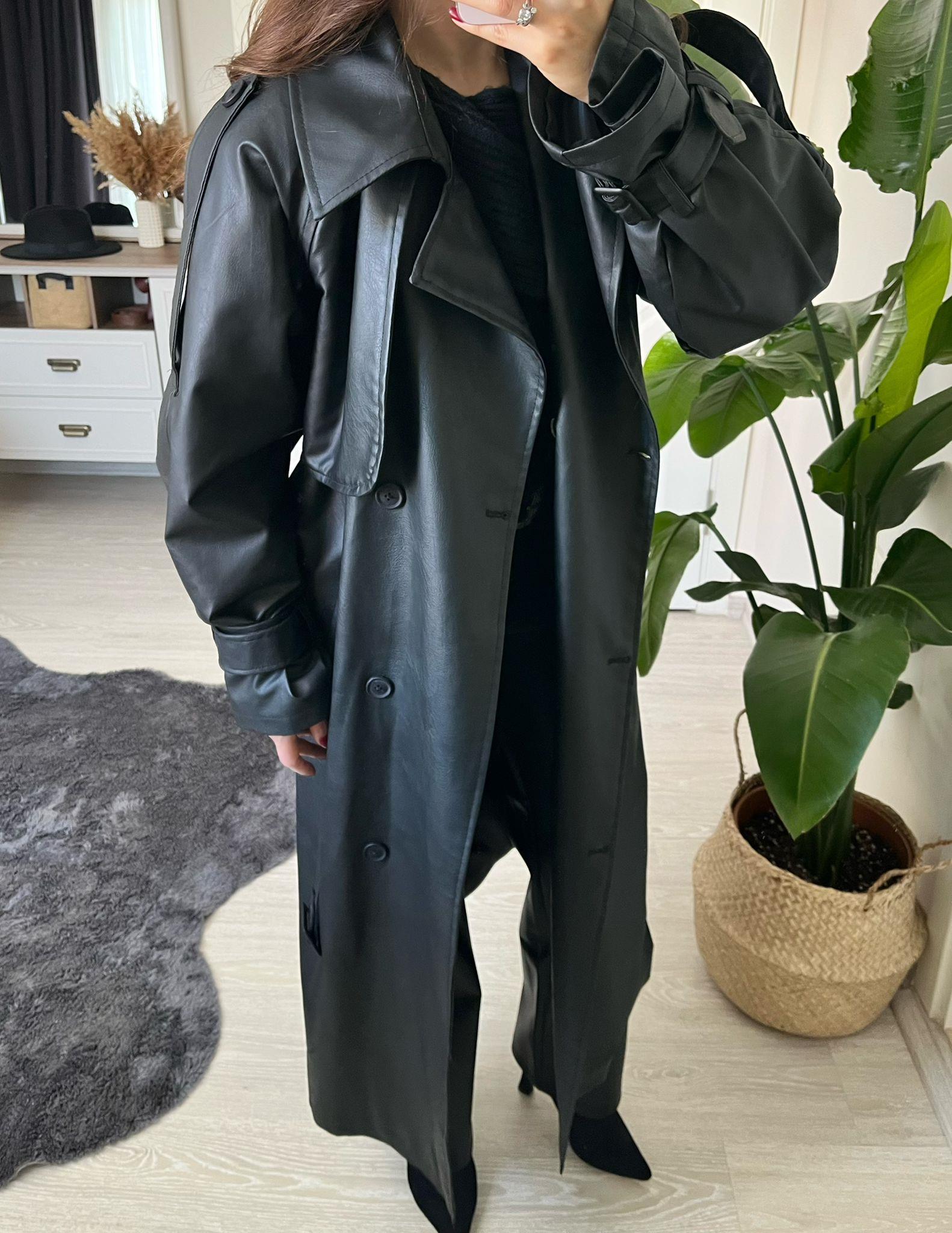 Gia Oversize Kemerli Premium Deri Trençkot