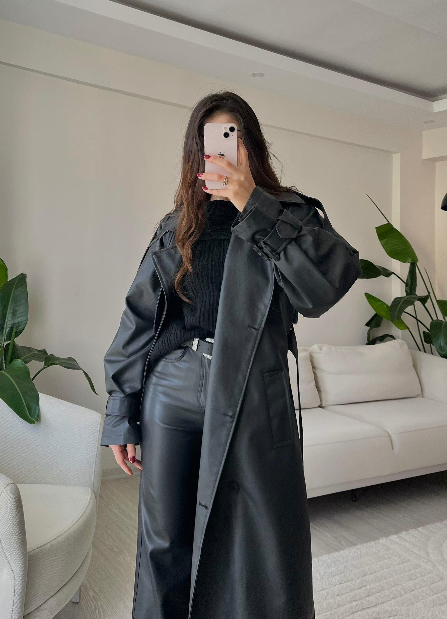 Gia Oversize Kemerli Premium Deri Trençkot