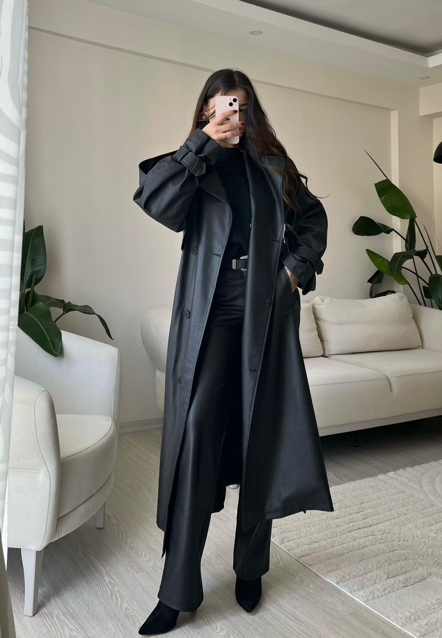 Gia Oversize Kemerli Premium Deri Trençkot