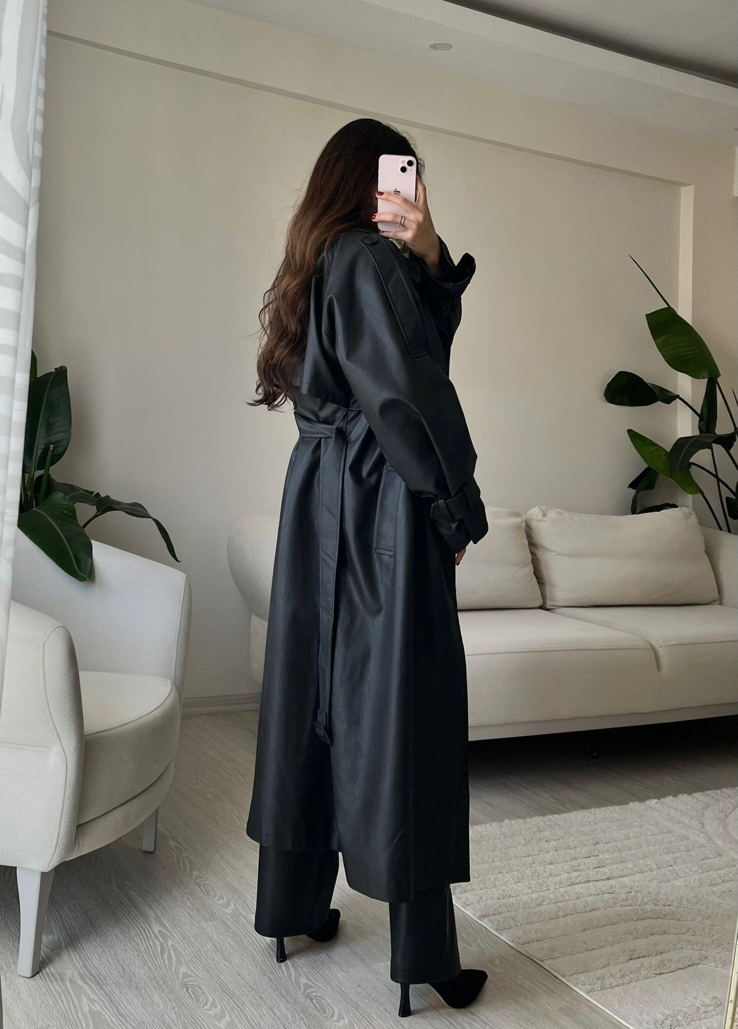 Gia Oversize Kemerli Premium Deri Trençkot