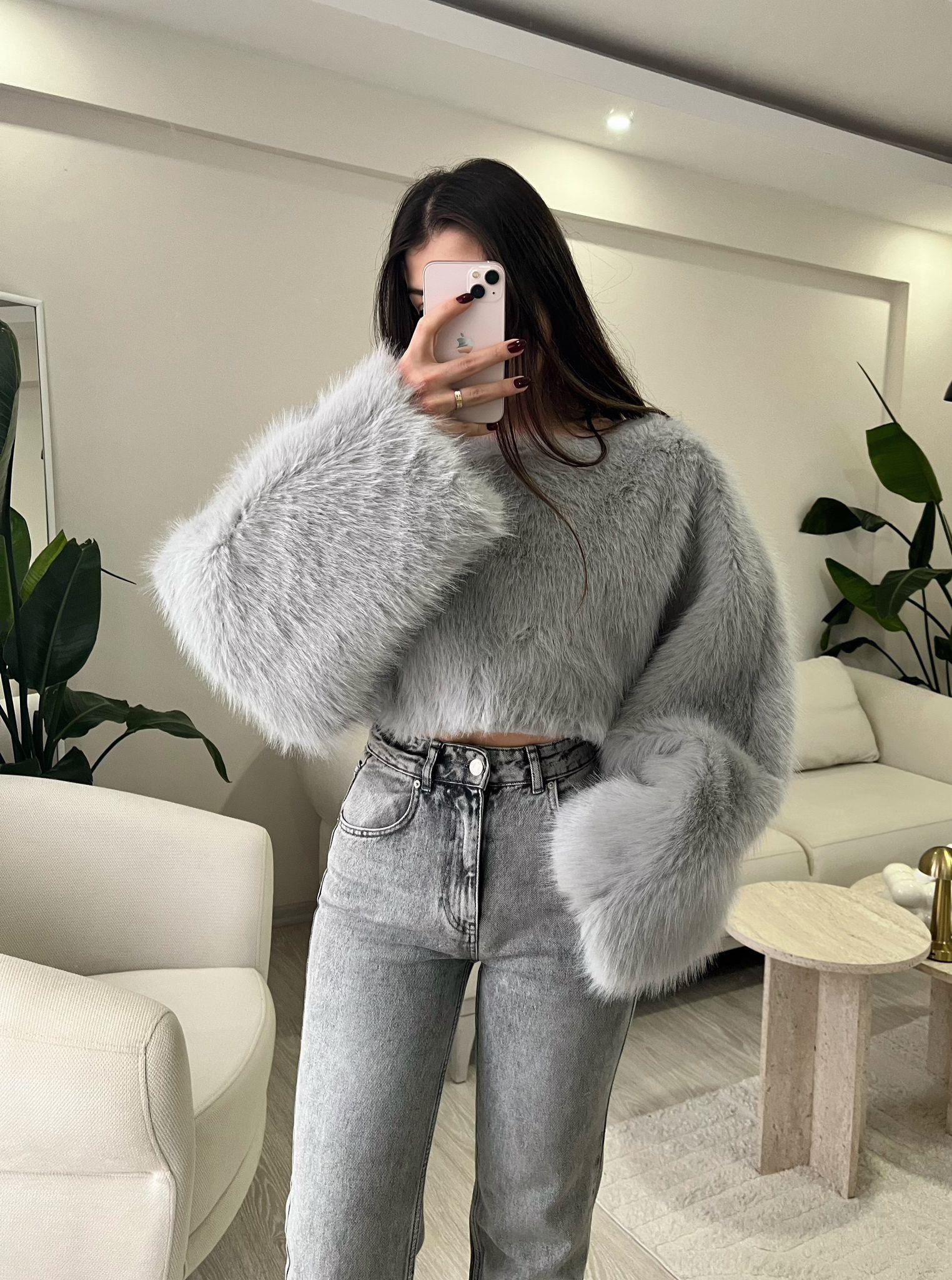 Ginny Marka Model Crop Kürk Kazak Buz Gri