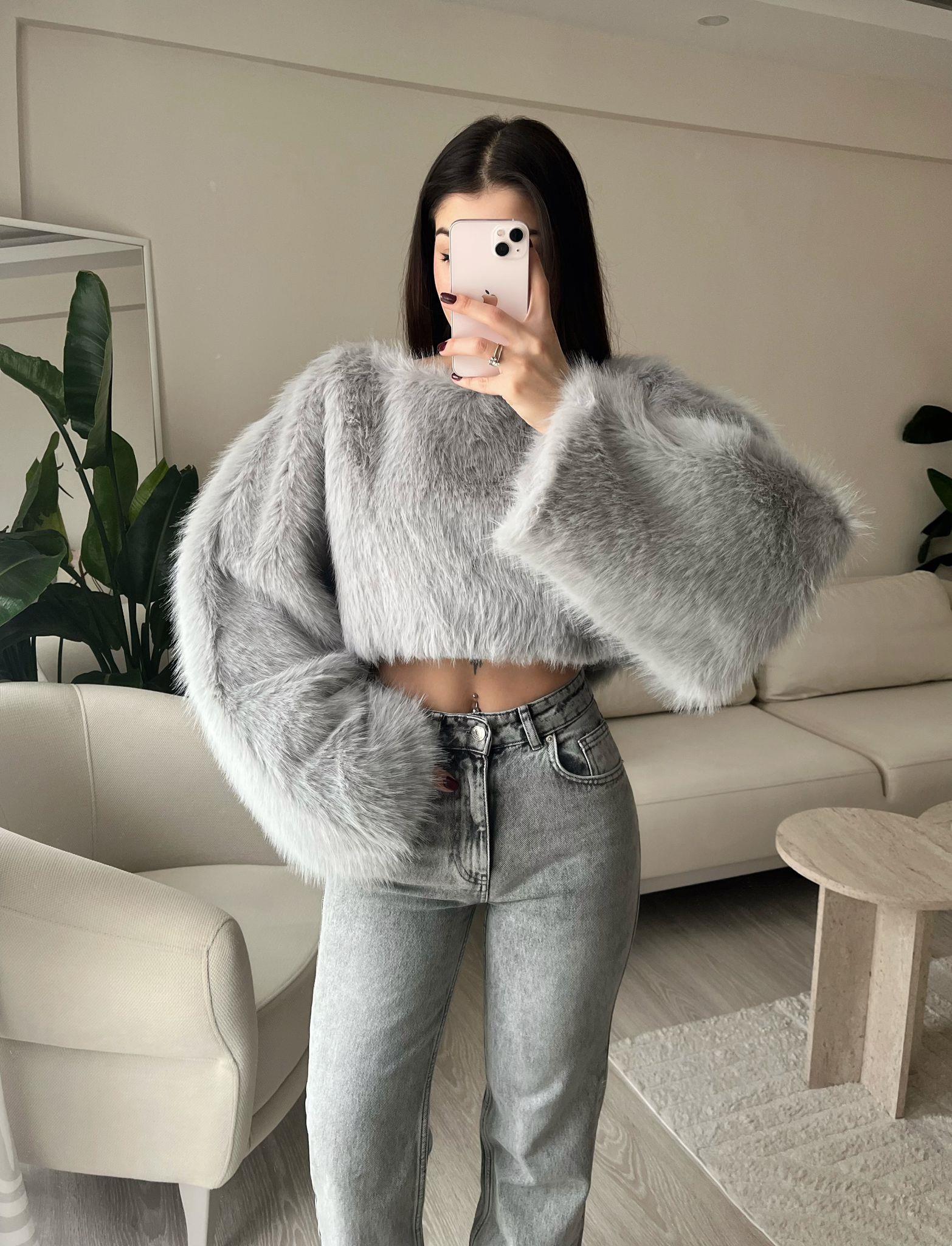 Ginny Marka Model Crop Kürk Kazak Buz Gri