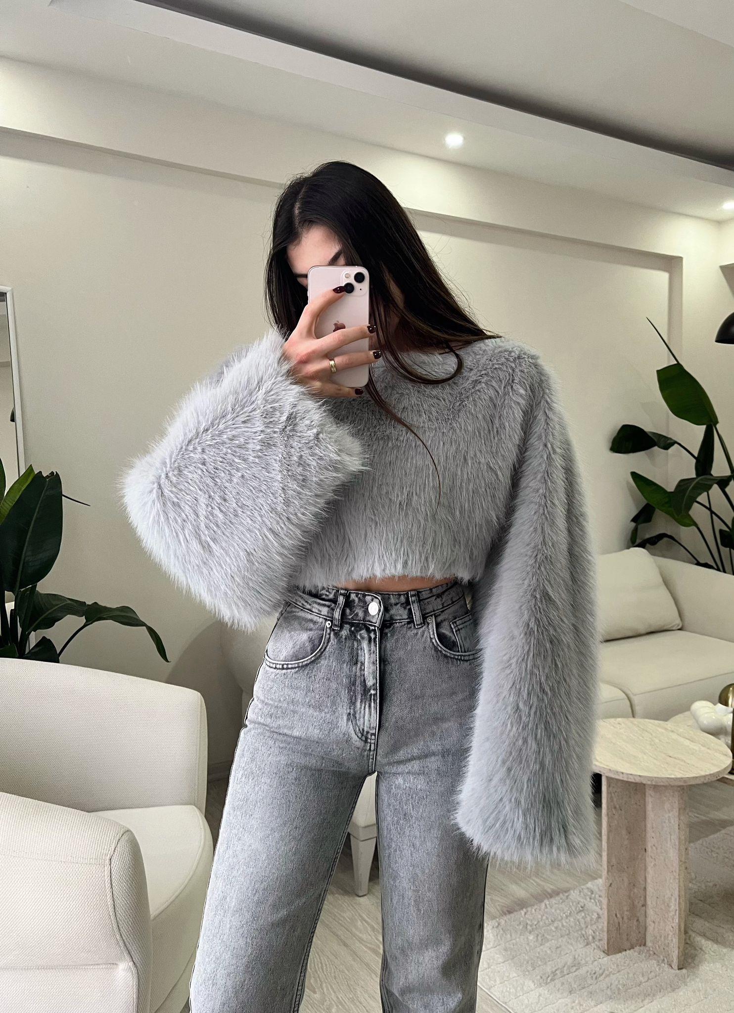 Ginny Marka Model Crop Kürk Kazak Buz Gri