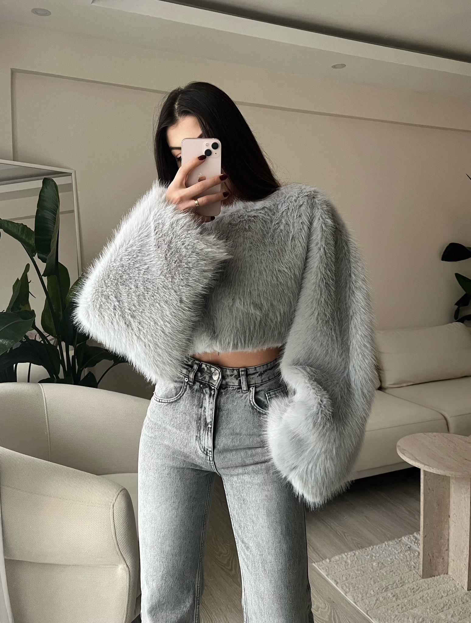 Ginny Marka Model Crop Kürk Kazak Buz Gri