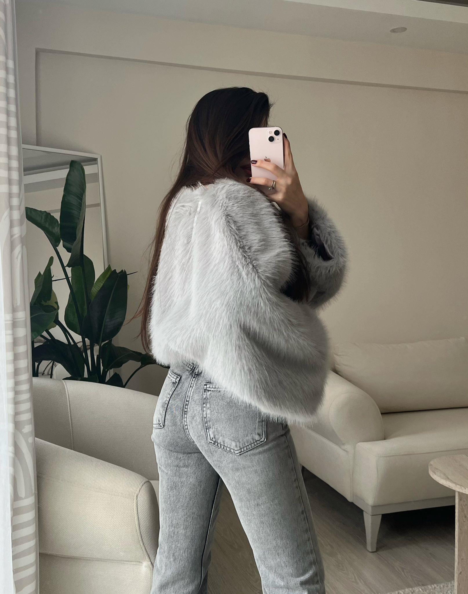 Ginny Marka Model Crop Kürk Kazak Buz Gri