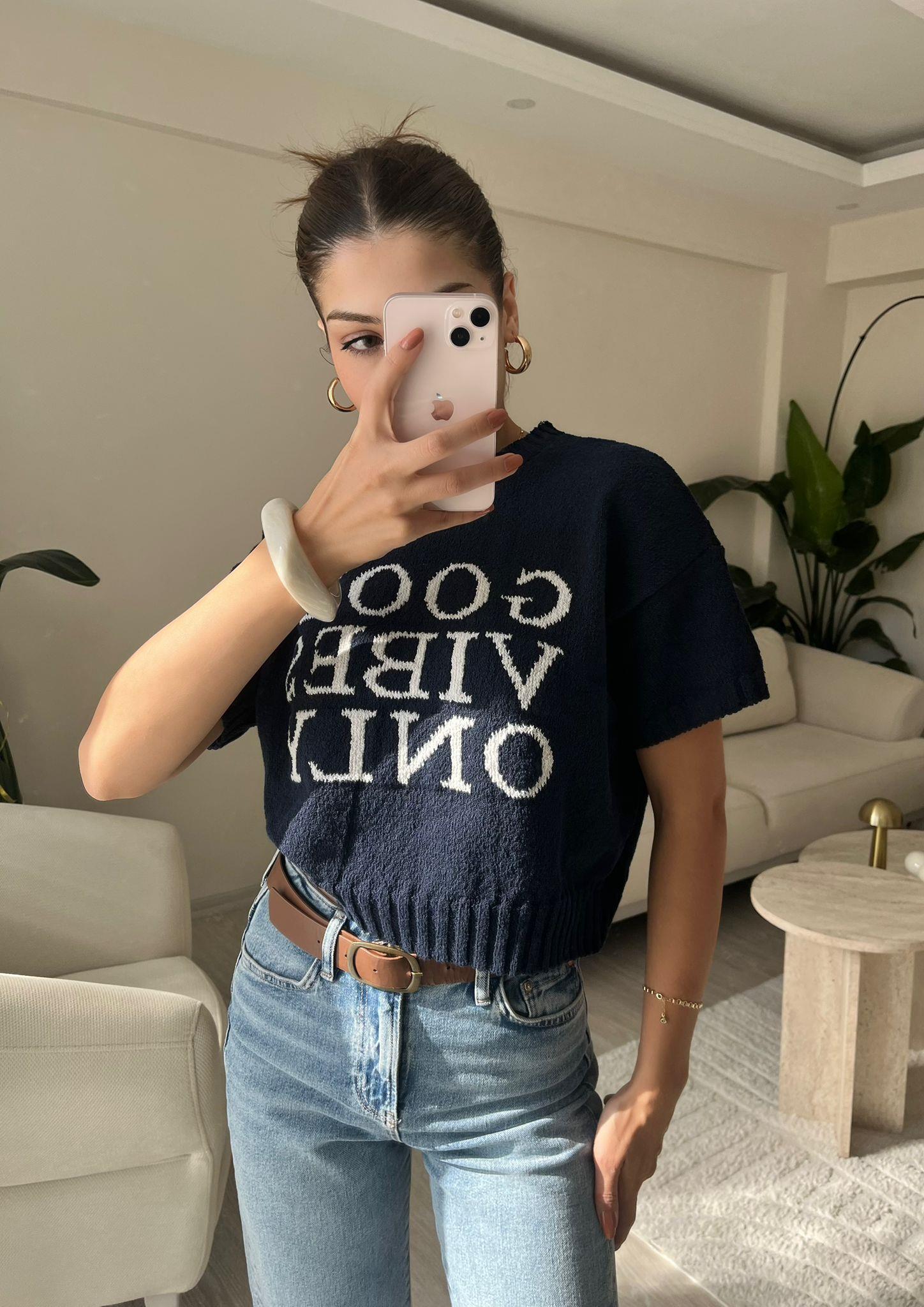 Good Vibes Only Kısa Kollu Triko Bluz Lacivert