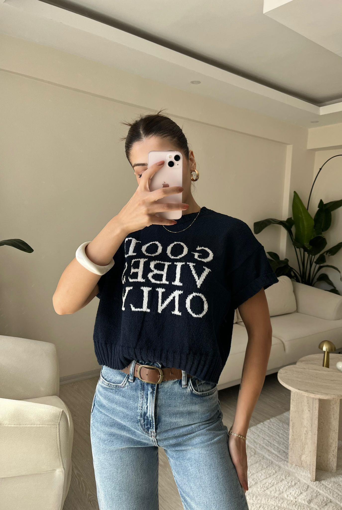 Good Vibes Only Kısa Kollu Triko Bluz Lacivert