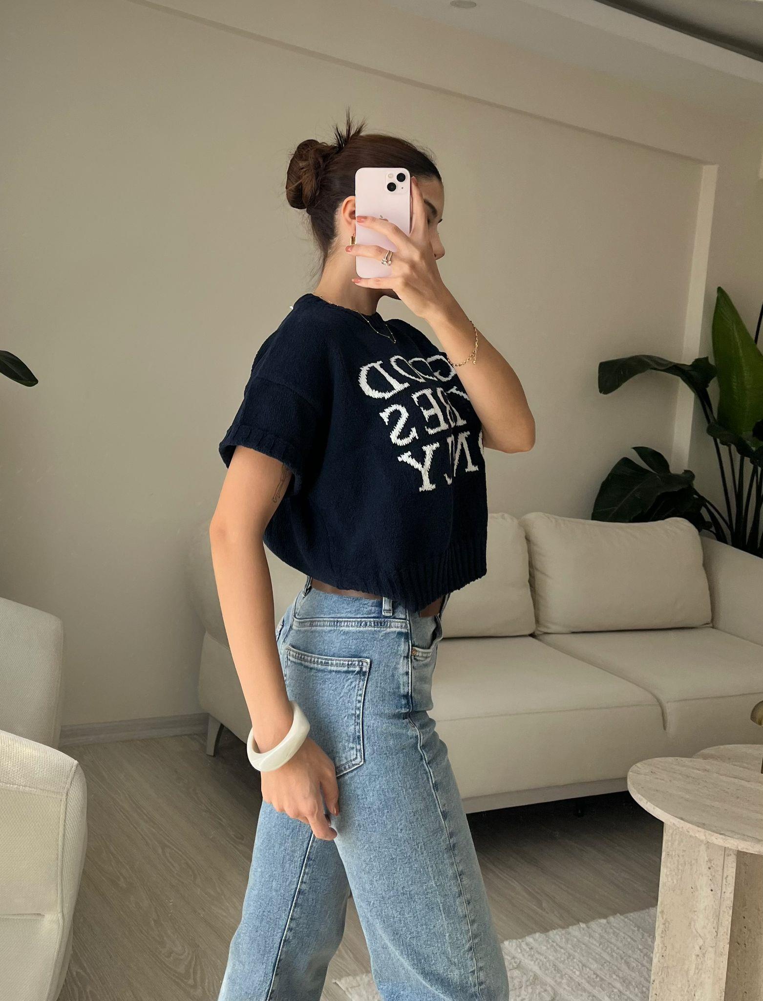 Good Vibes Only Kısa Kollu Triko Bluz Lacivert