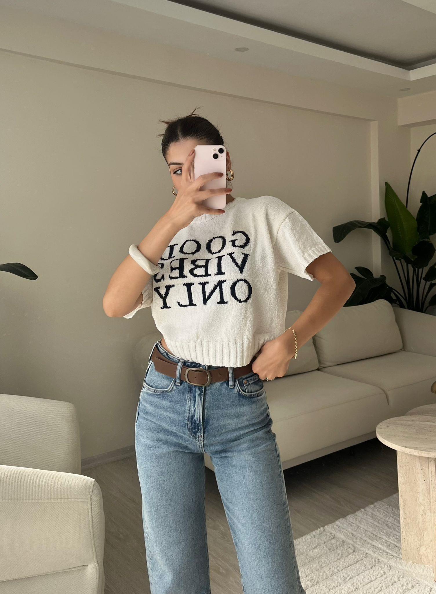 Good Vibes Only Kısa Kollu Triko Bluz Ekru