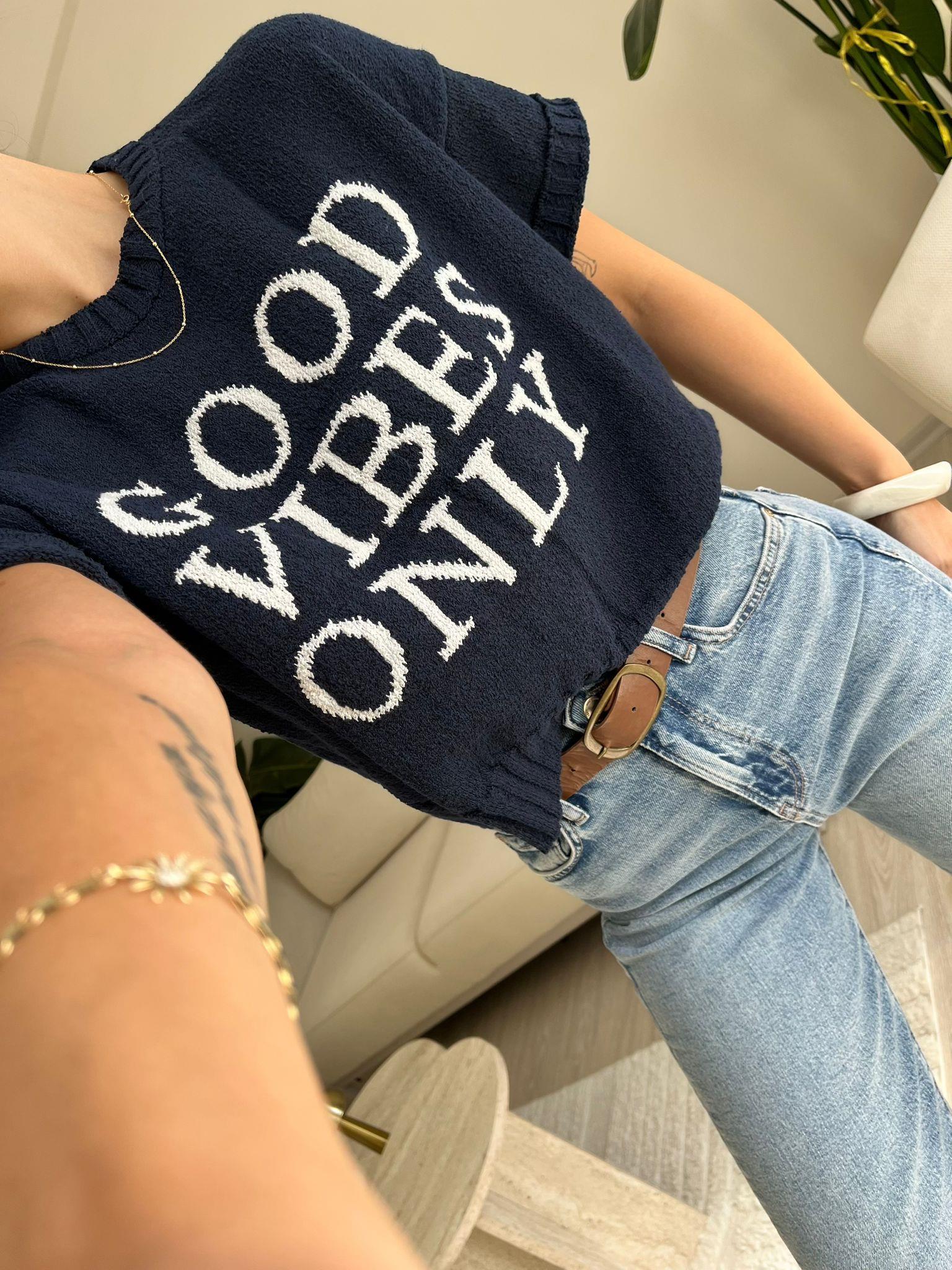 Good Vibes Only Kısa Kollu Triko Bluz Lacivert