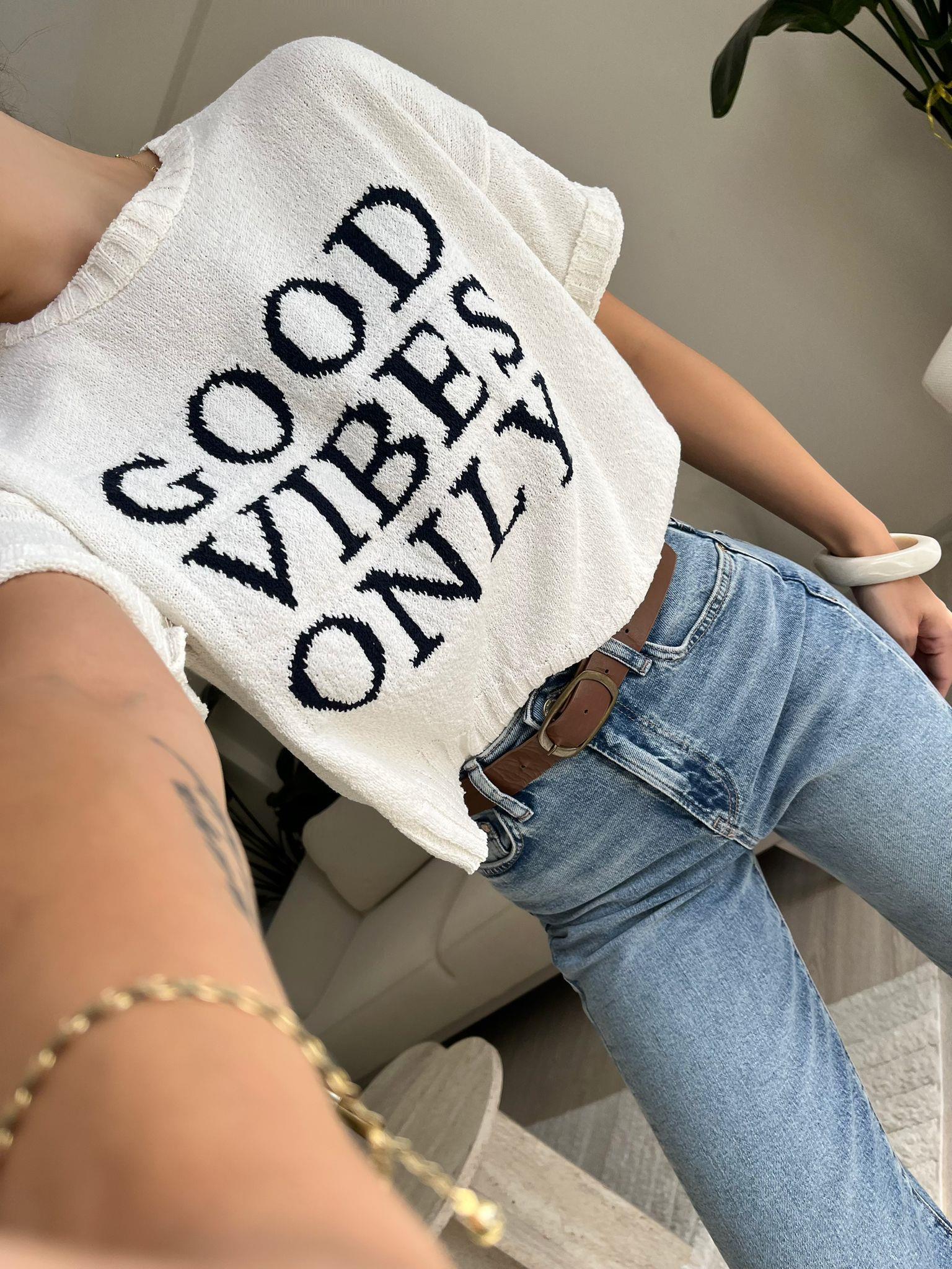 Good Vibes Only Kısa Kollu Triko Bluz Ekru