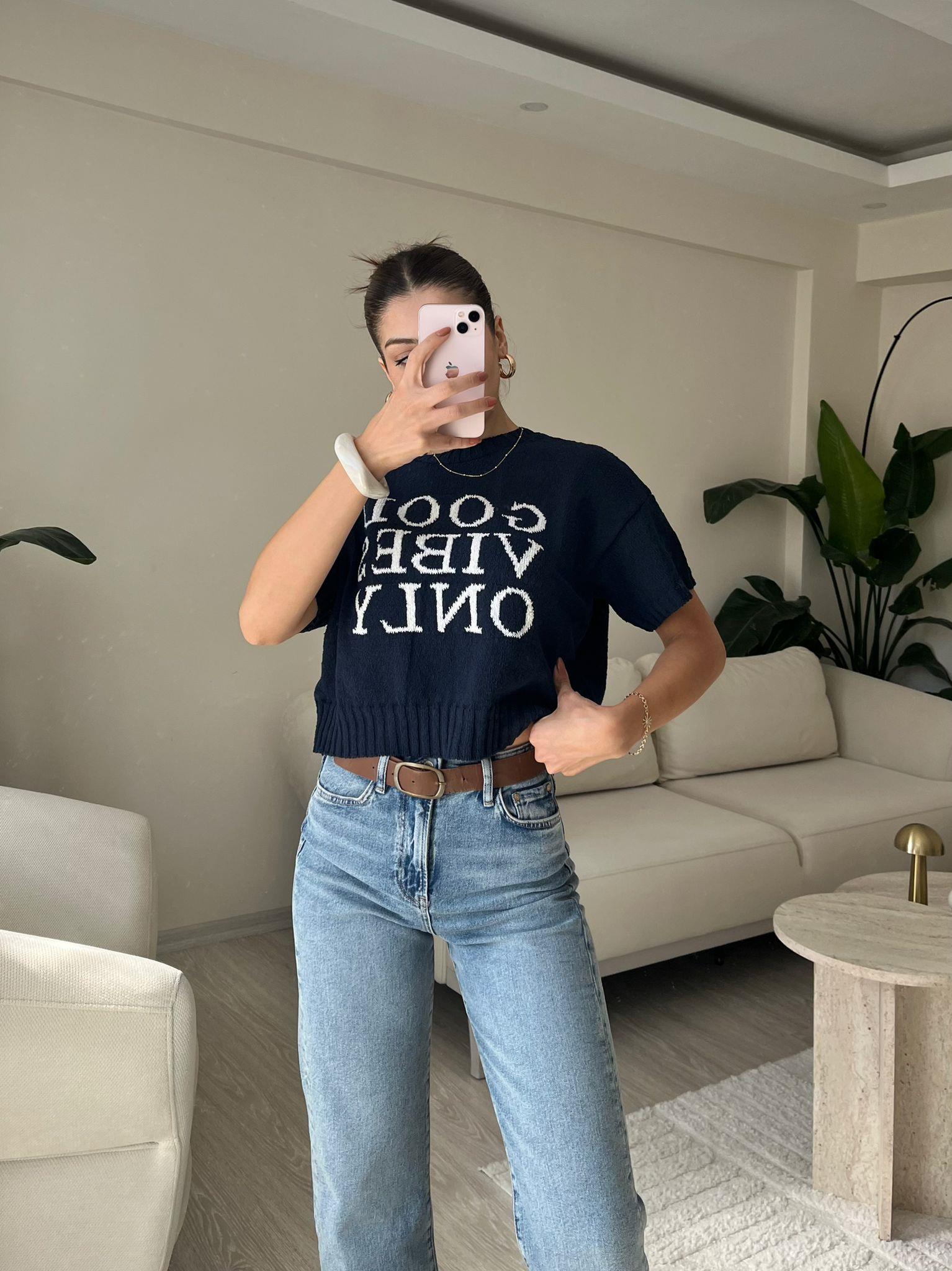 Good Vibes Only Kısa Kollu Triko Bluz Lacivert