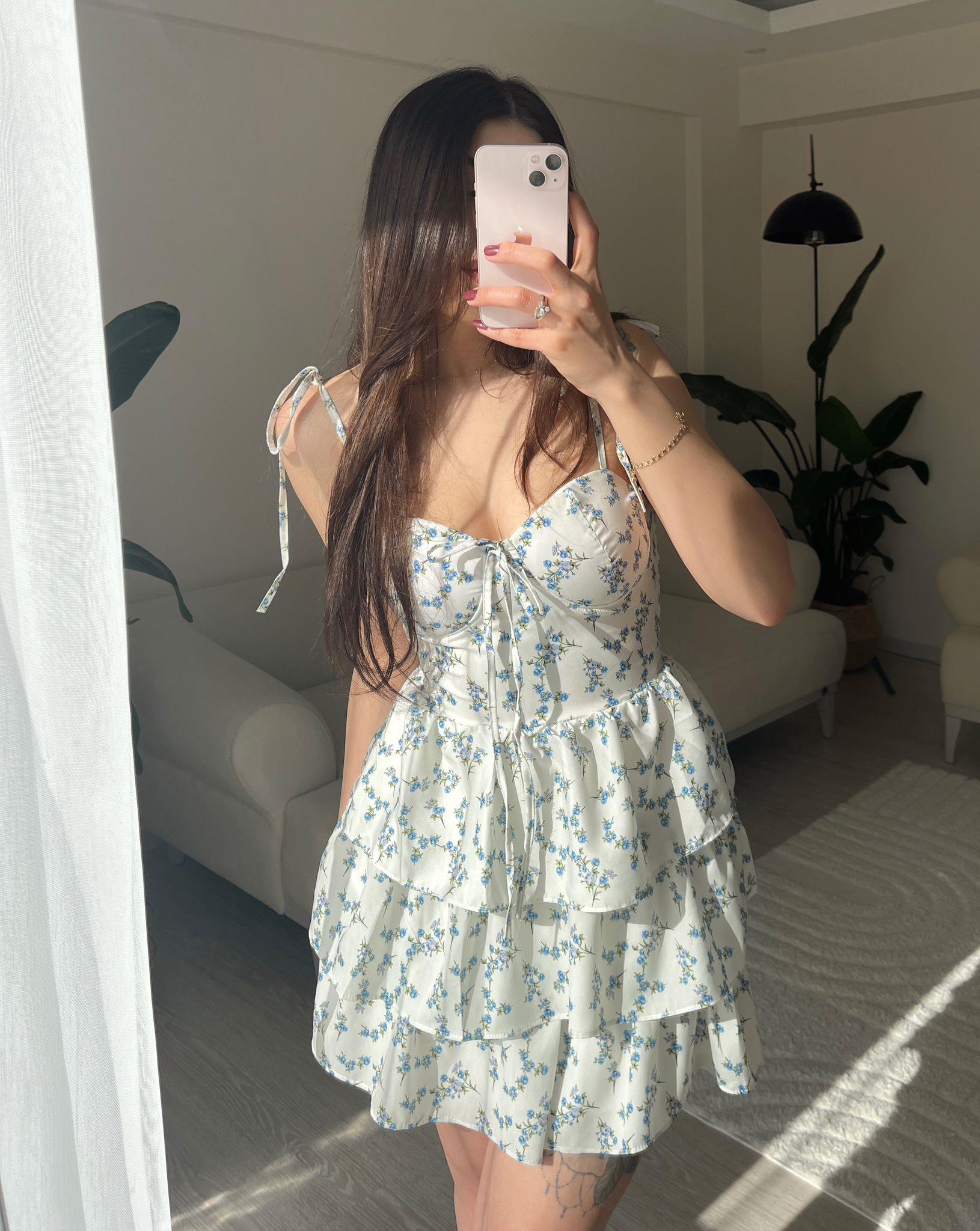 Hailey Çiçek Desen Gloplu Ekru Mini Elbise
