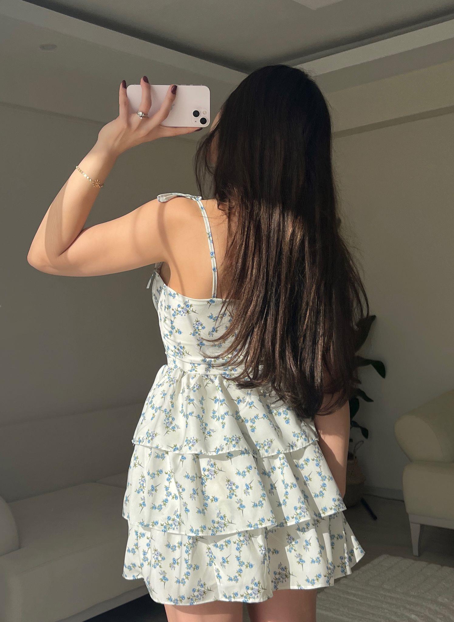 Hailey Çiçek Desen Gloplu Ekru Mini Elbise