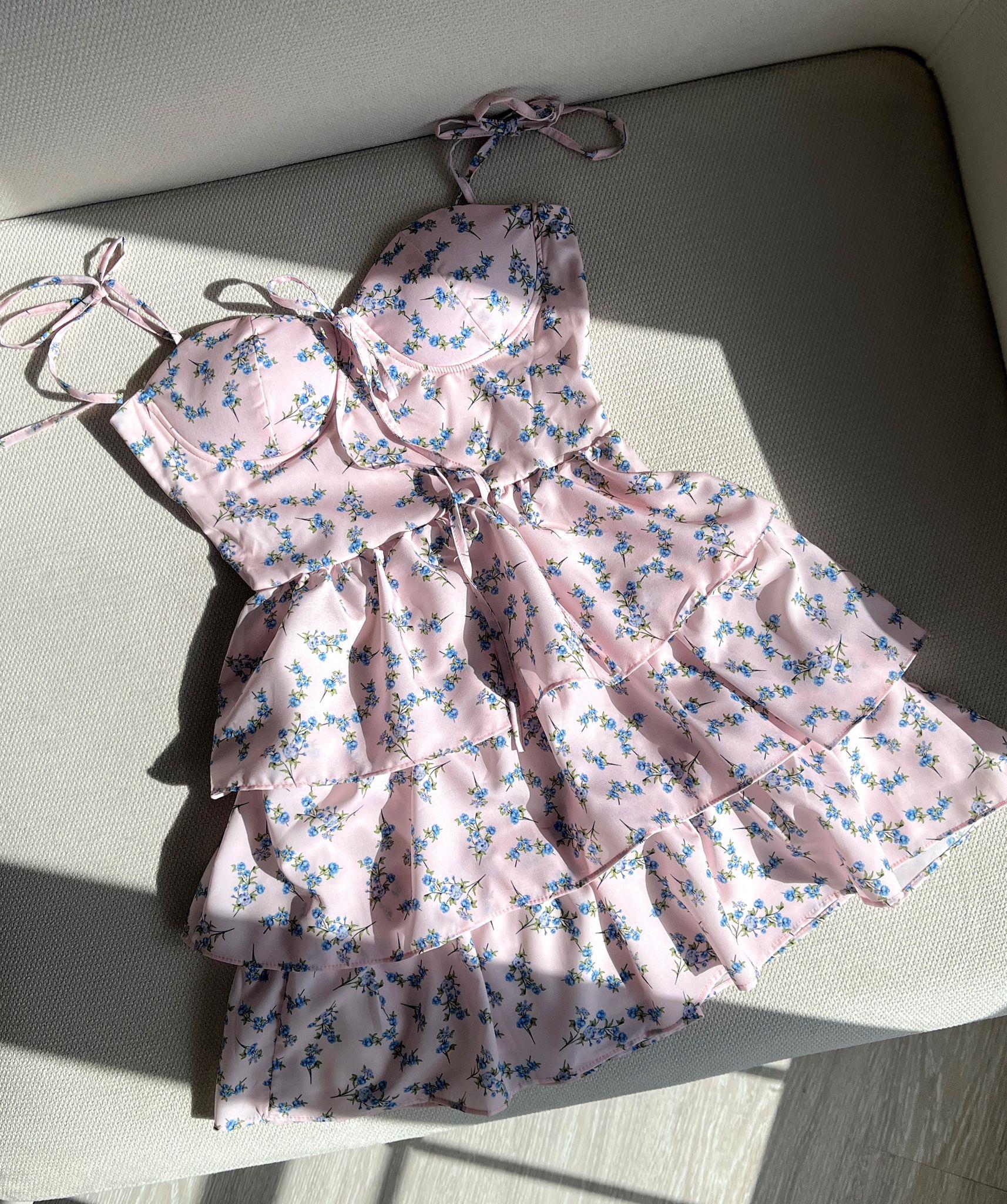 Hailey Çiçek Desen Gloplu Pembe Mini Elbise