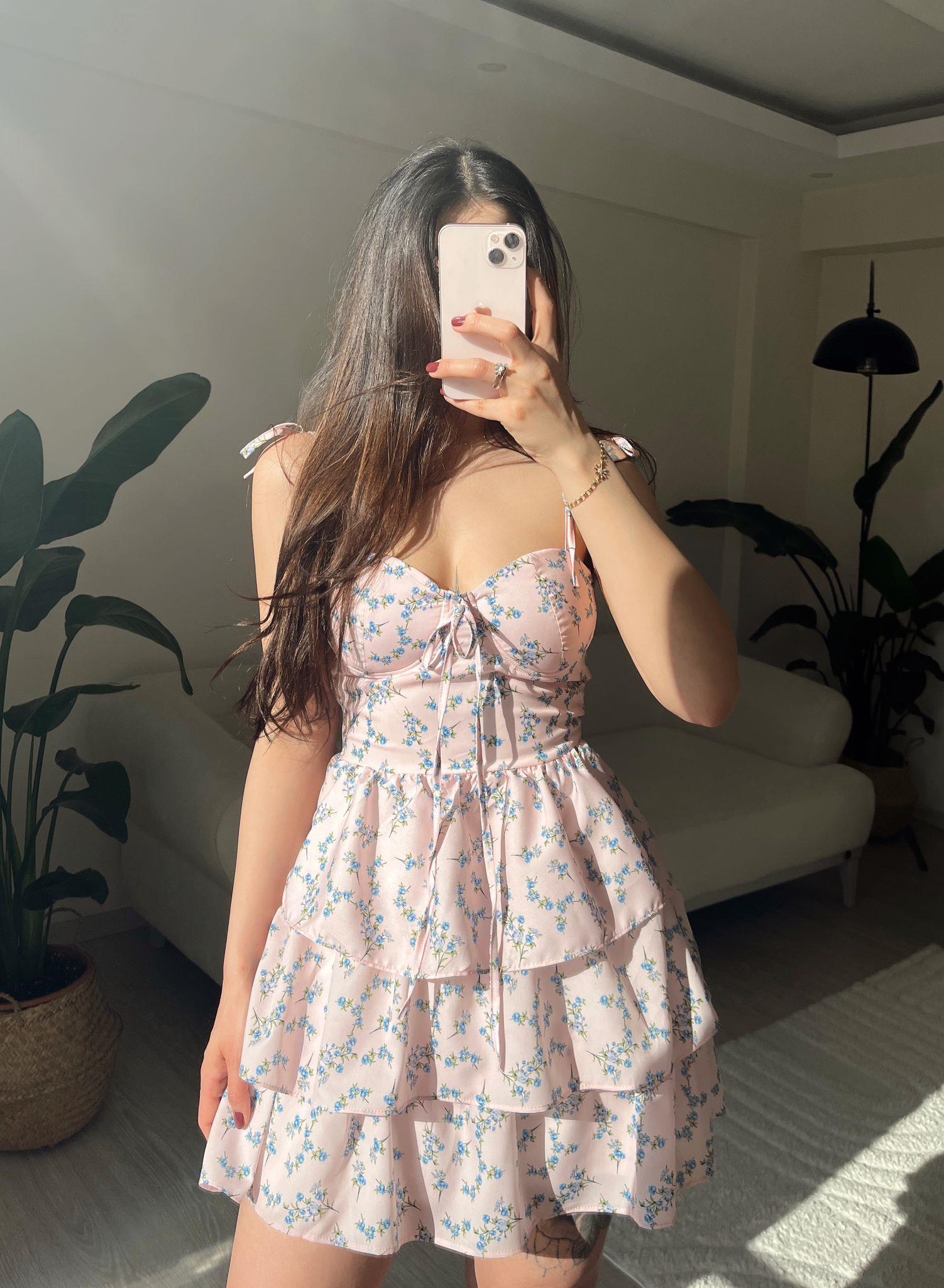 Hailey Çiçek Desen Gloplu Pembe Mini Elbise