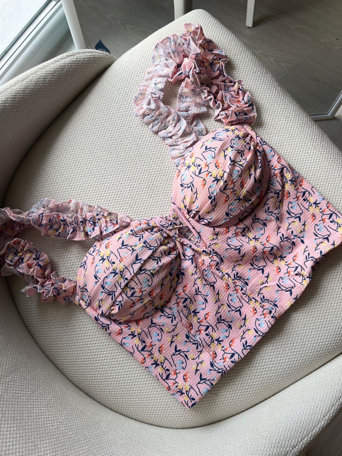 Helen Gloplu Çiçek Desen Pembe Crop Top