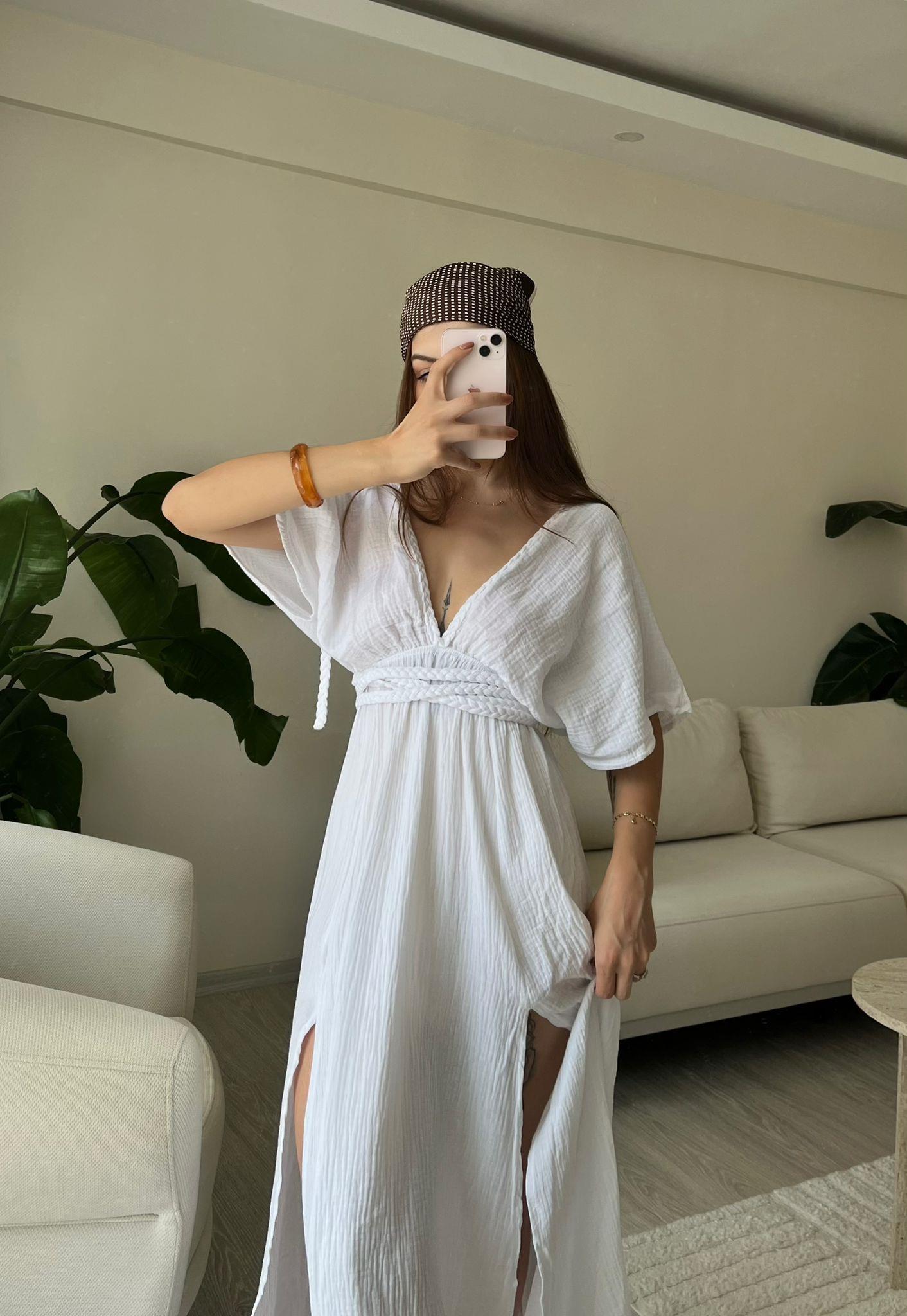 Helen Örgü İpli Yırtmaçlı Müslin Bohem Elbise Beyaz