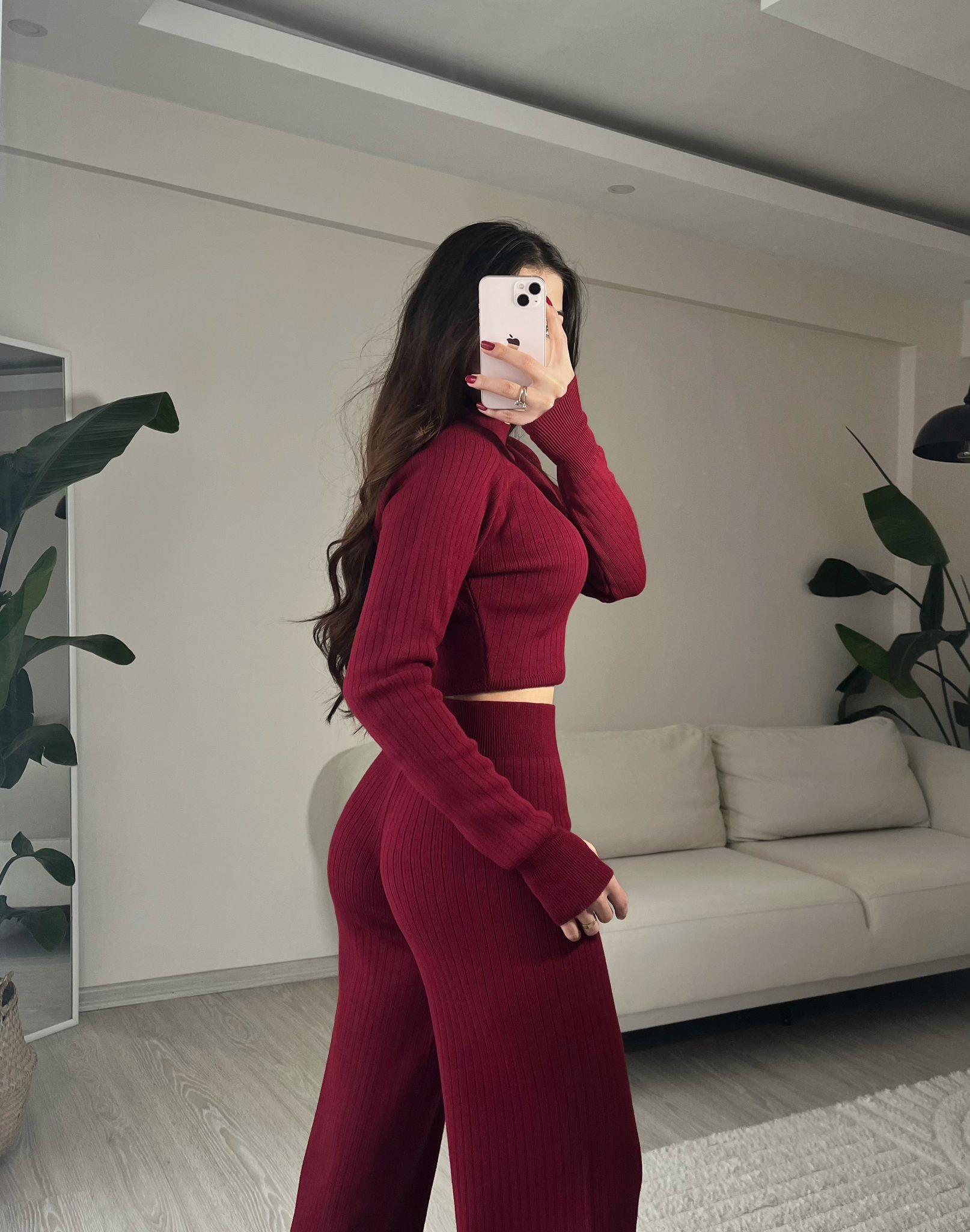 Hera Parmak Geçmeli Triko Takım Bordo