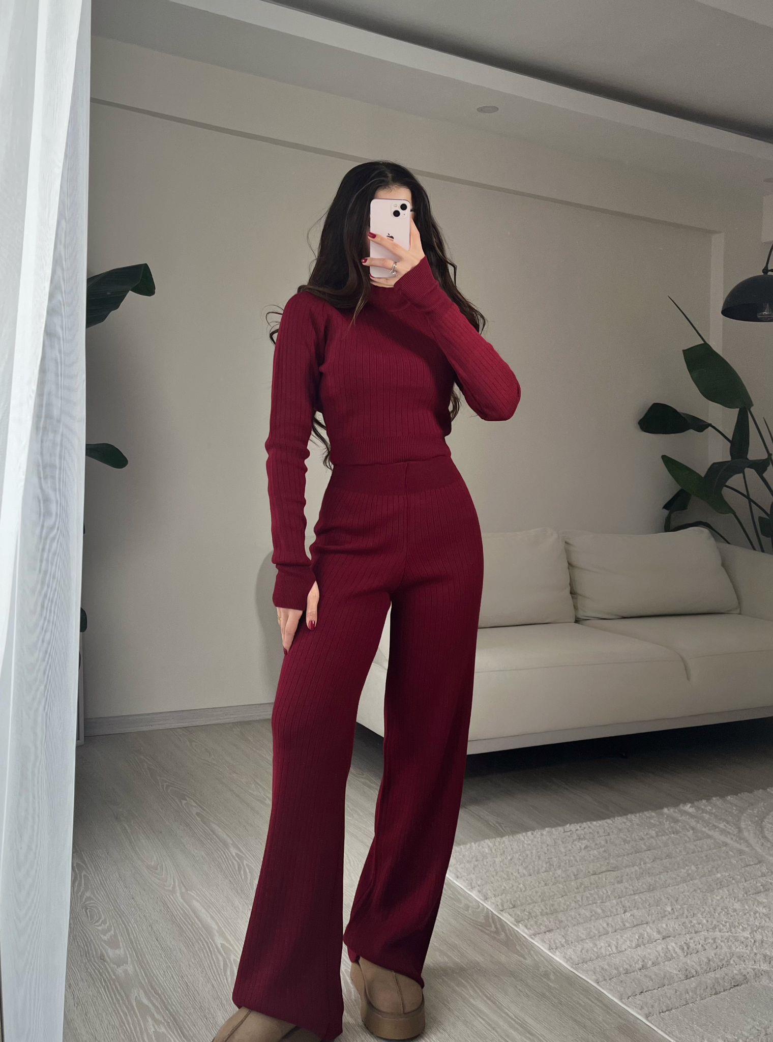 Hera Parmak Geçmeli Triko Takım Bordo