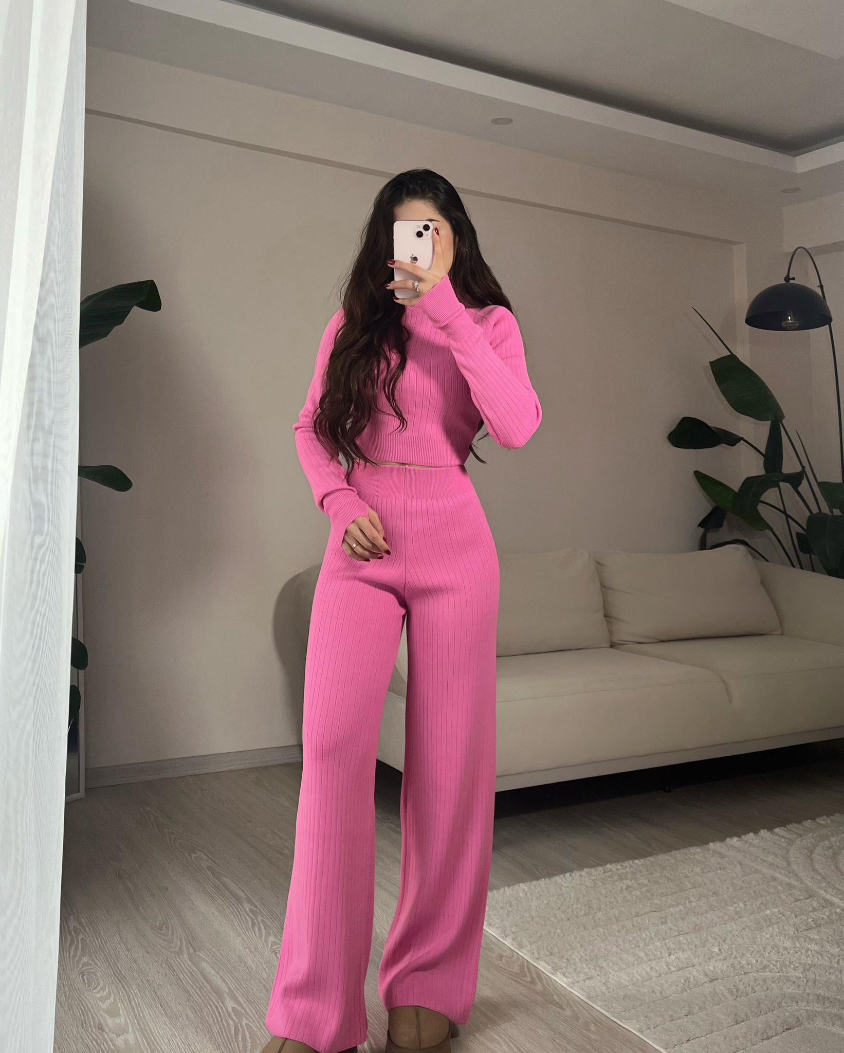 Hera Parmak Geçmeli Triko Takım Pembe