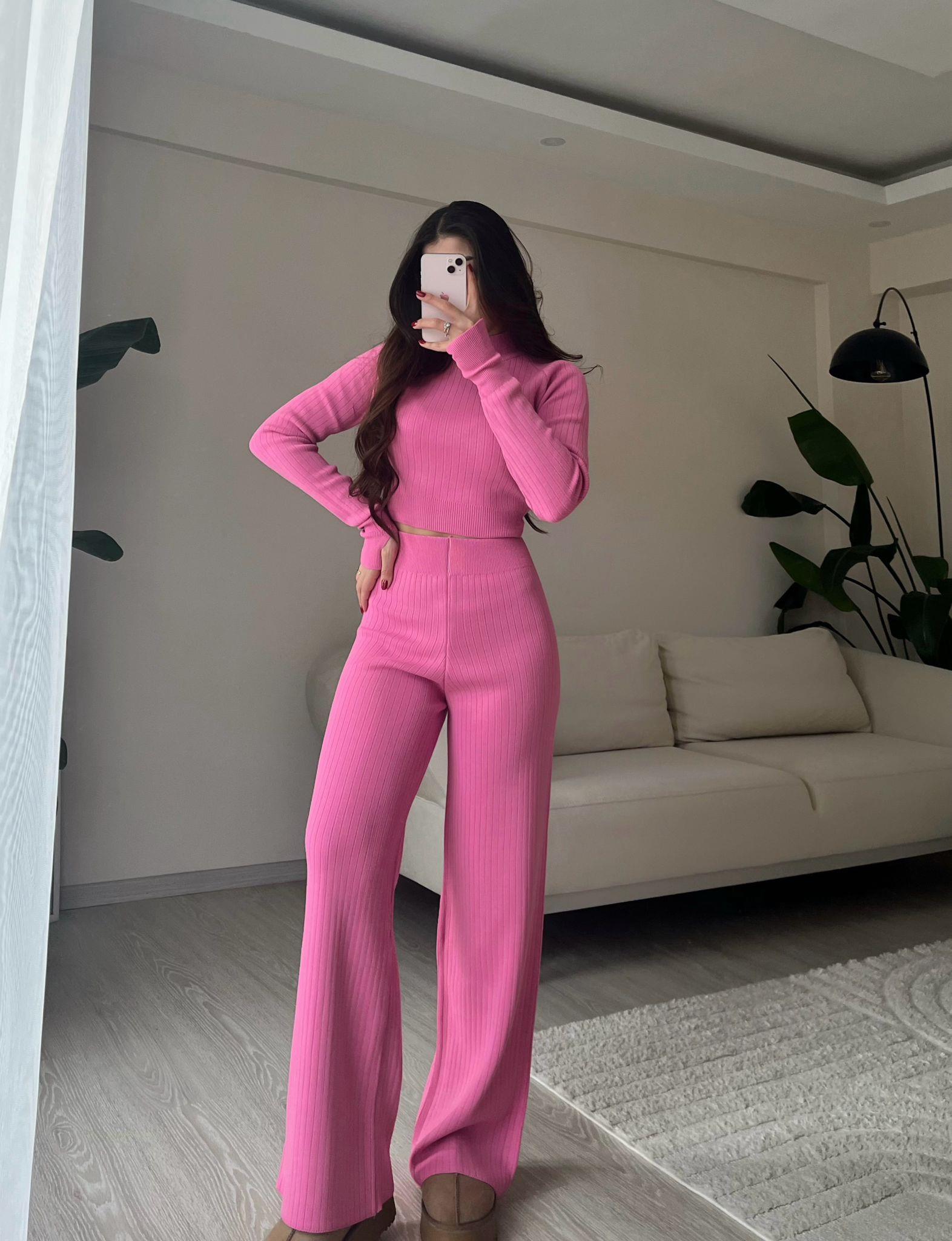 Hera Parmak Geçmeli Triko Takım Pembe