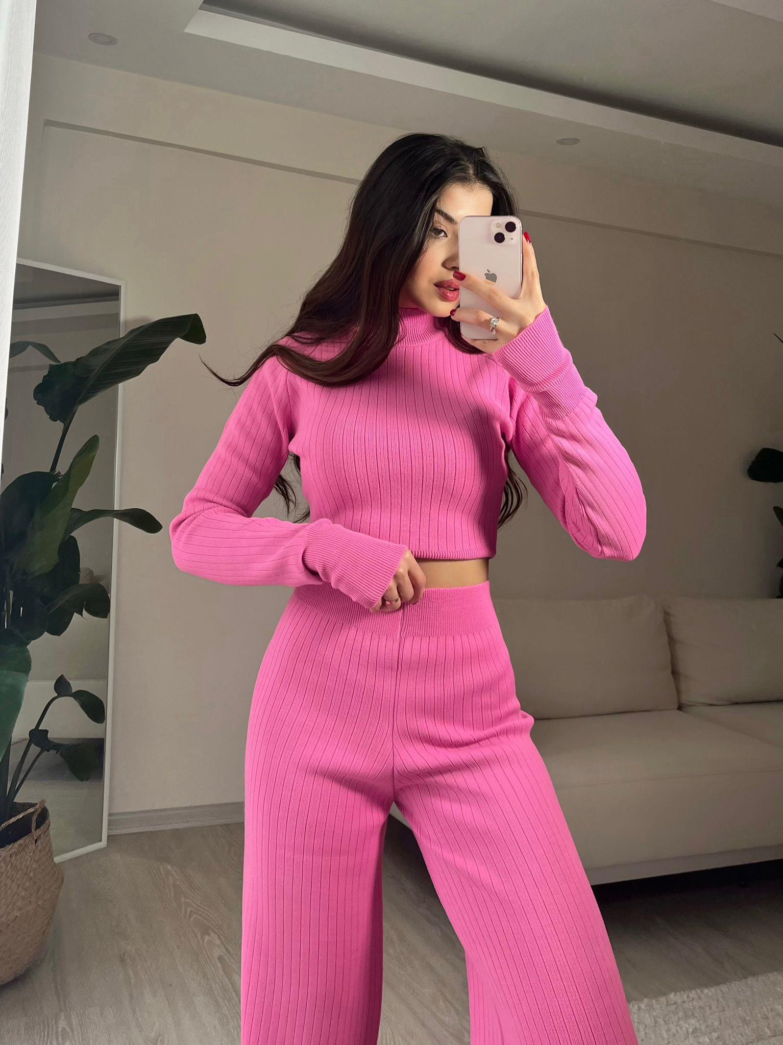 Hera Parmak Geçmeli Triko Takım Pembe