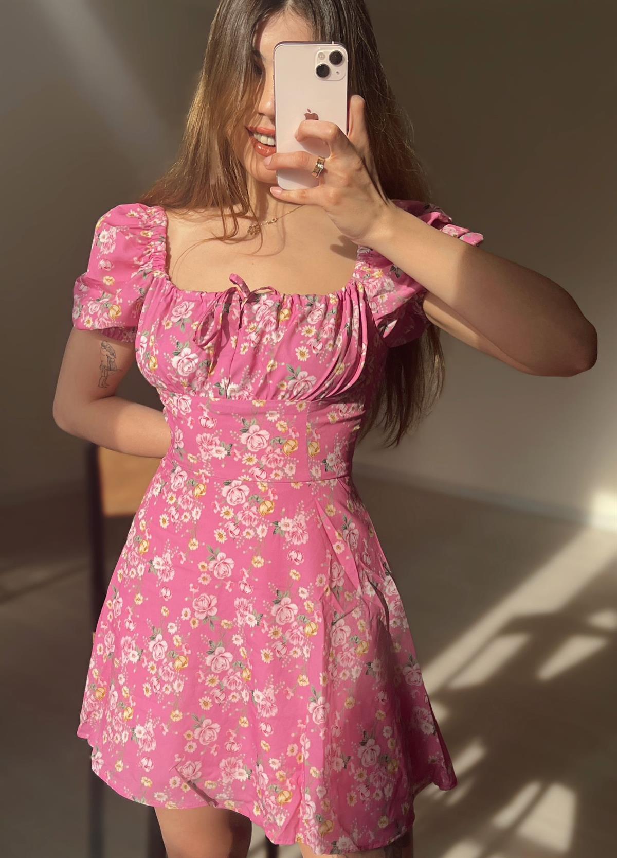 Isabella Çiçek Desen Pembe Mini Elbise