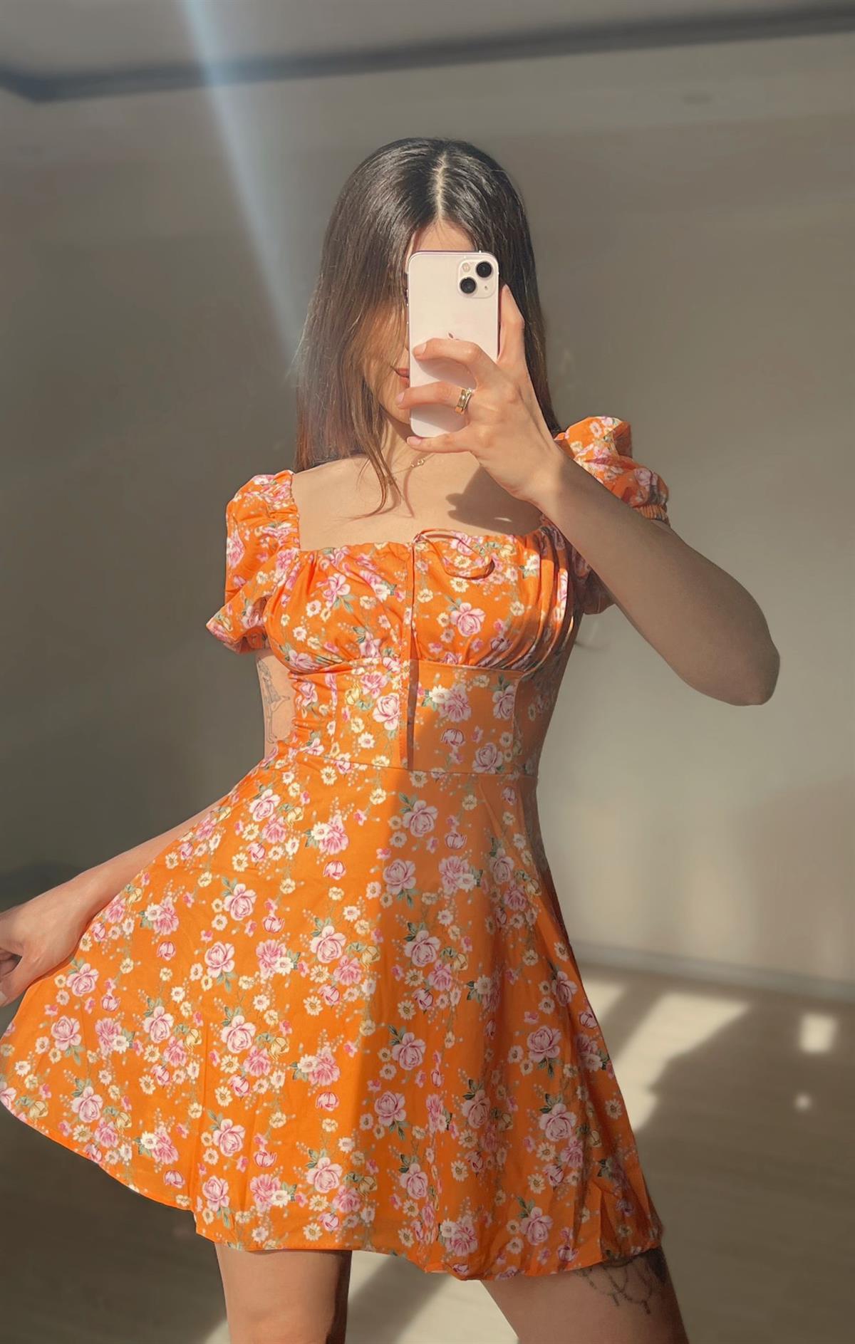 Isabella Çiçek Desen Turuncu Mini Elbise
