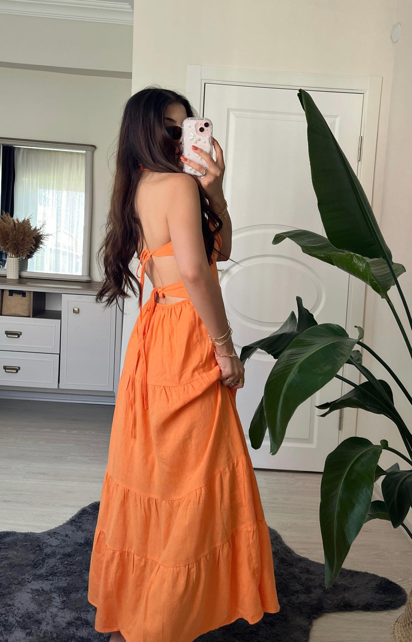 Island Sırt Dekolteli Keten Uzun Elbise Orange