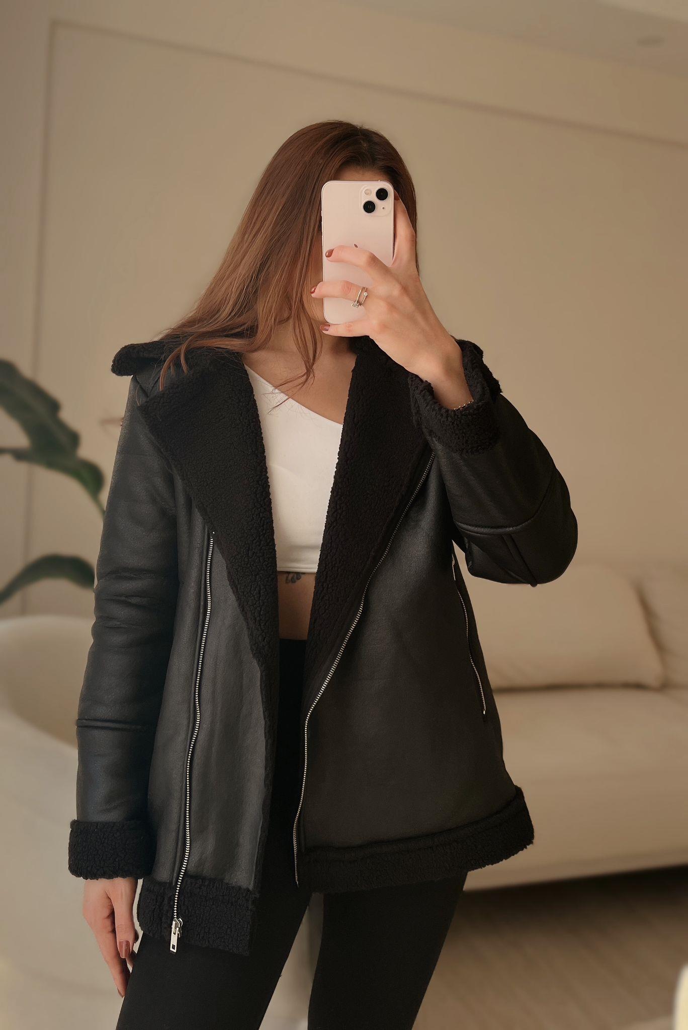 Jade Siyah Kürklü Uzun Biker Ceket
