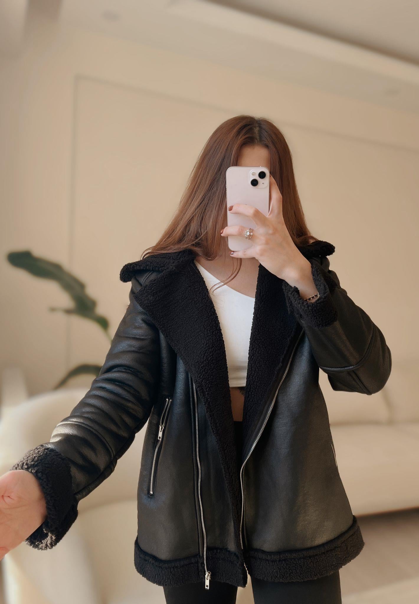 Jade Siyah Kürklü Uzun Biker Ceket