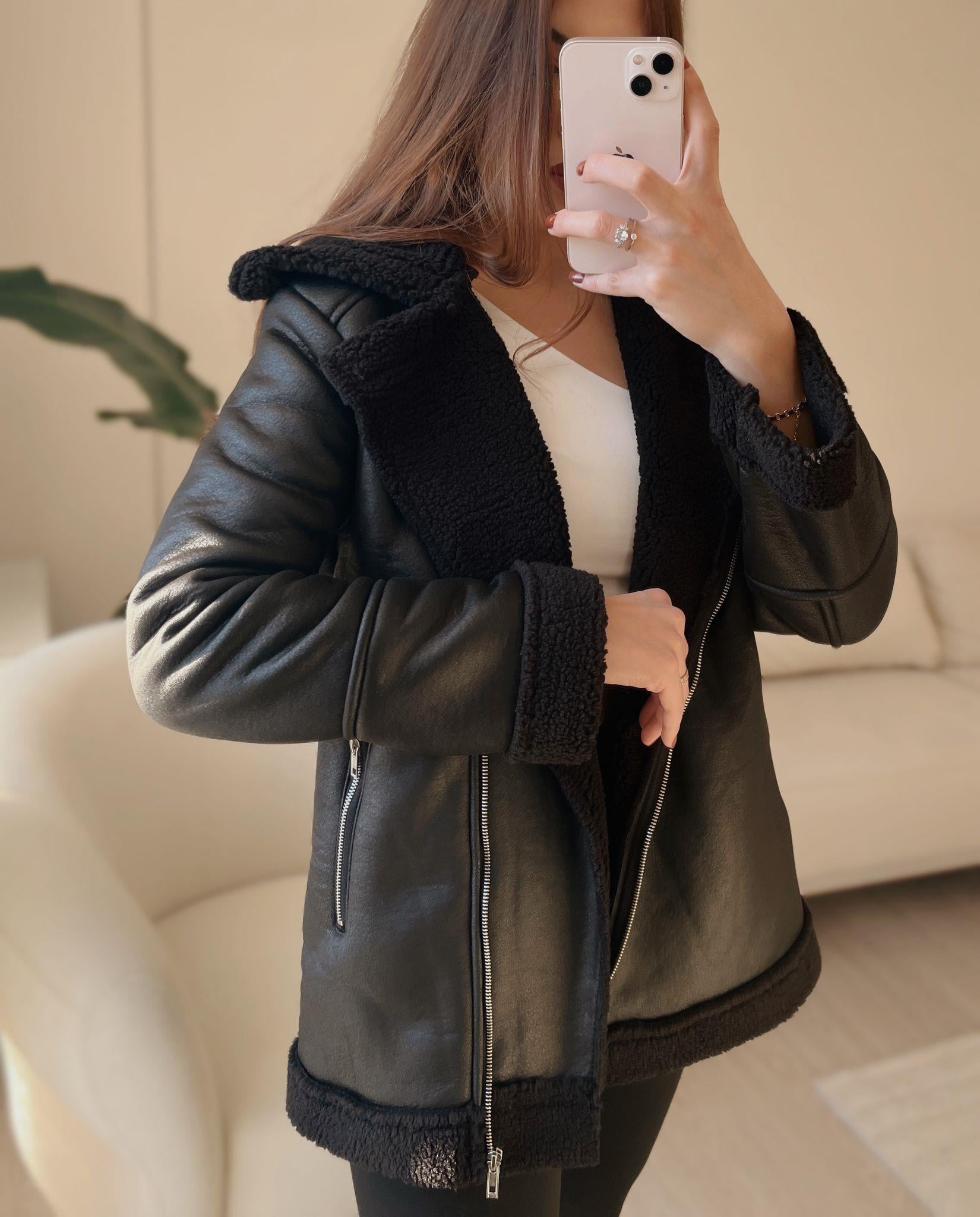 Jade Siyah Kürklü Uzun Biker Ceket