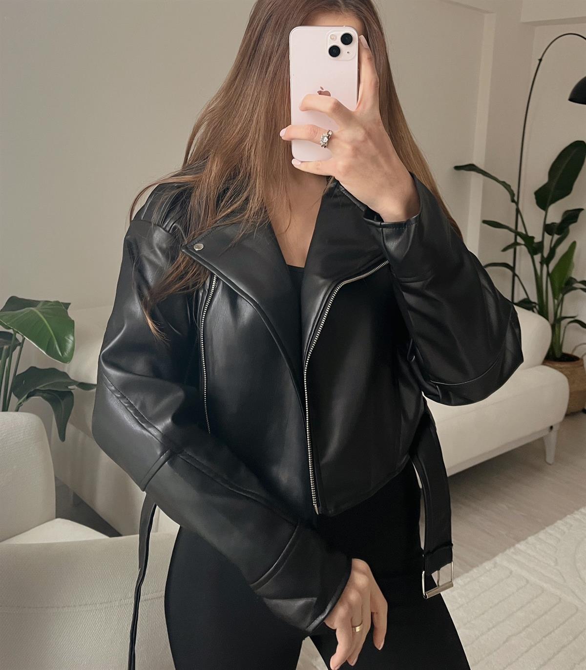 Jersey Kemerli Biker Deri Ceket