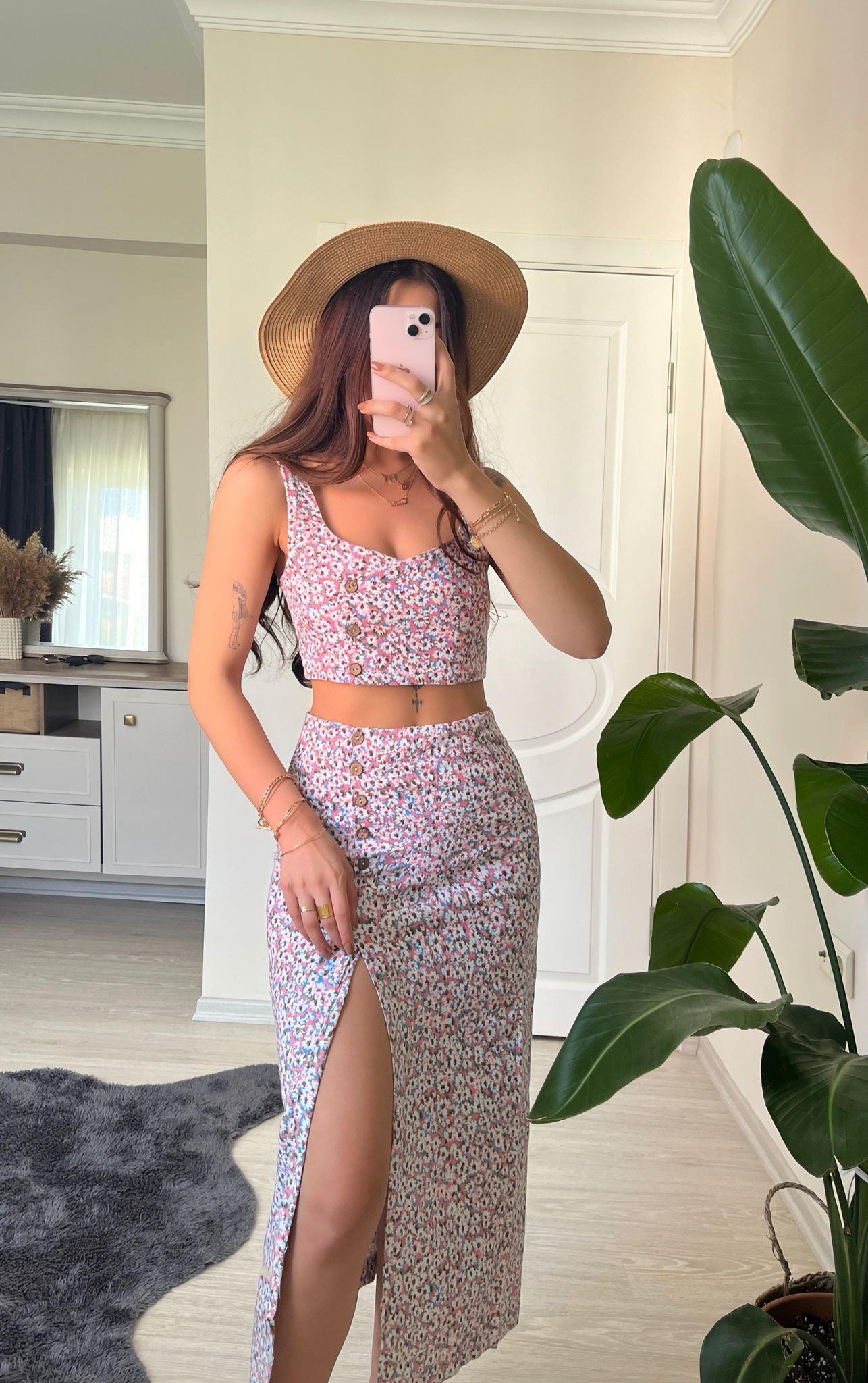 Julia Çiçek Desen Crop&Etek İkili Takım Pembe