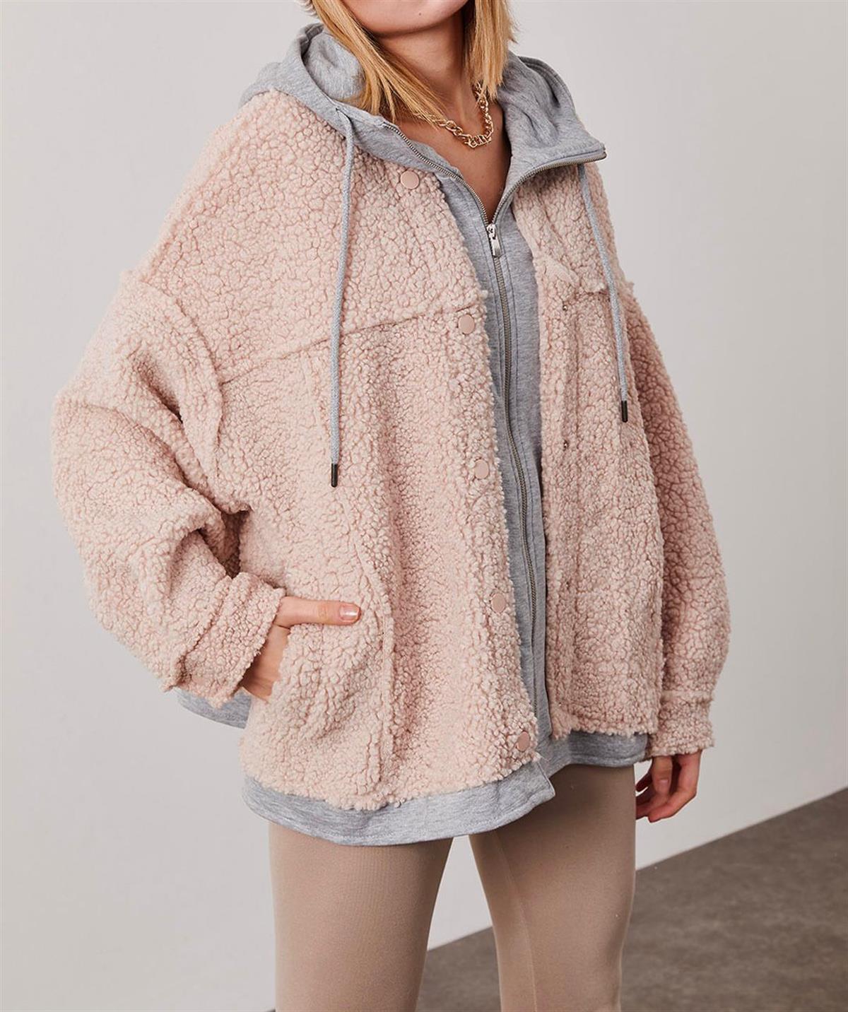 Kapüşonlu Peluş Oversize Ceket