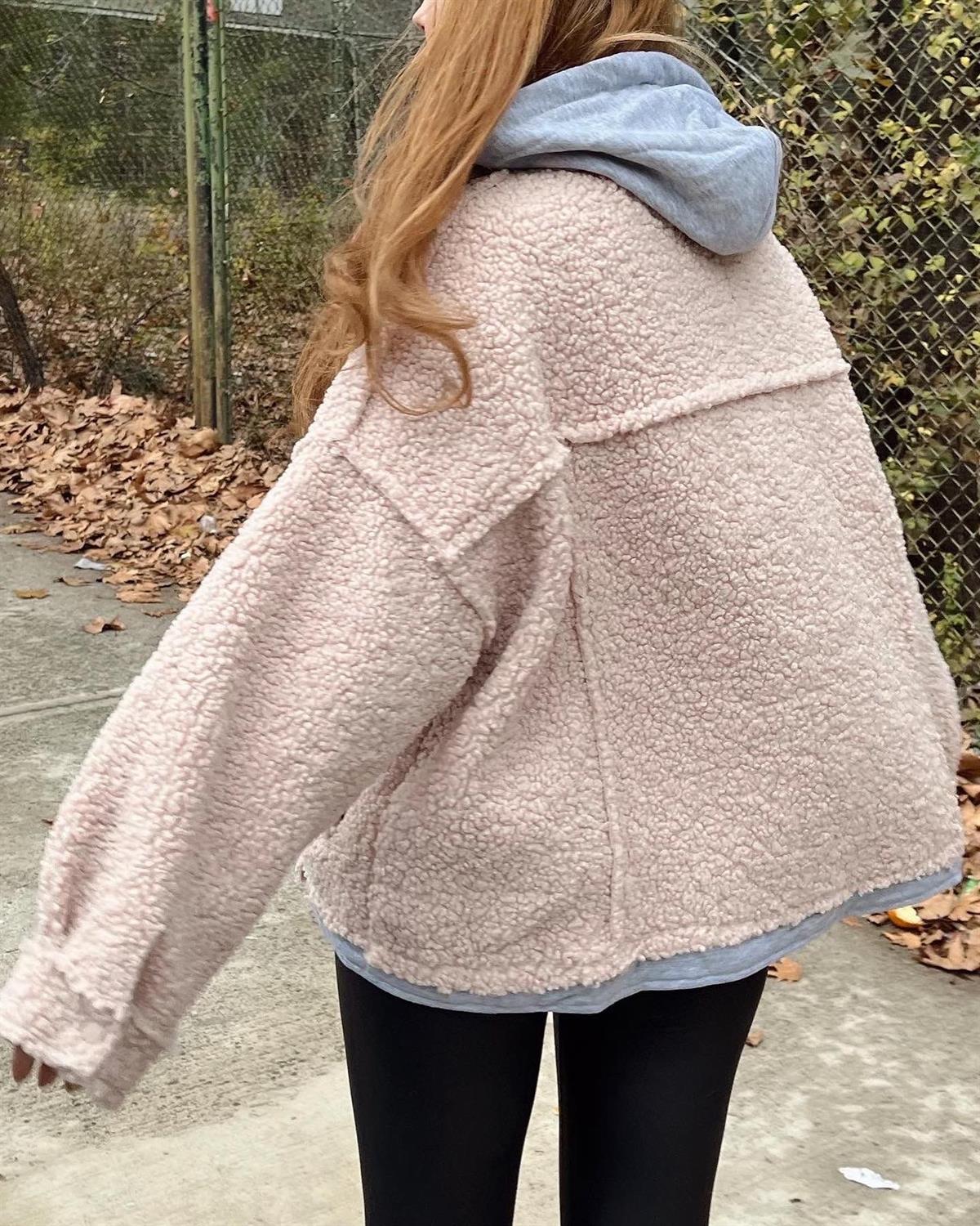 Kapüşonlu Peluş Oversize Ceket