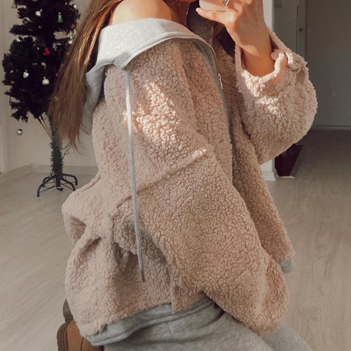 Kapüşonlu Peluş Oversize Ceket