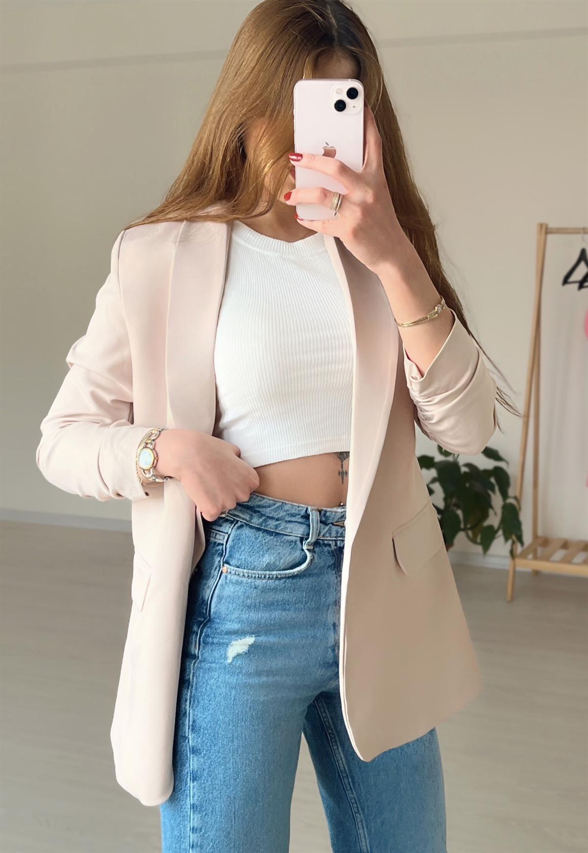 Krem Kol Detay Blazer Ceket