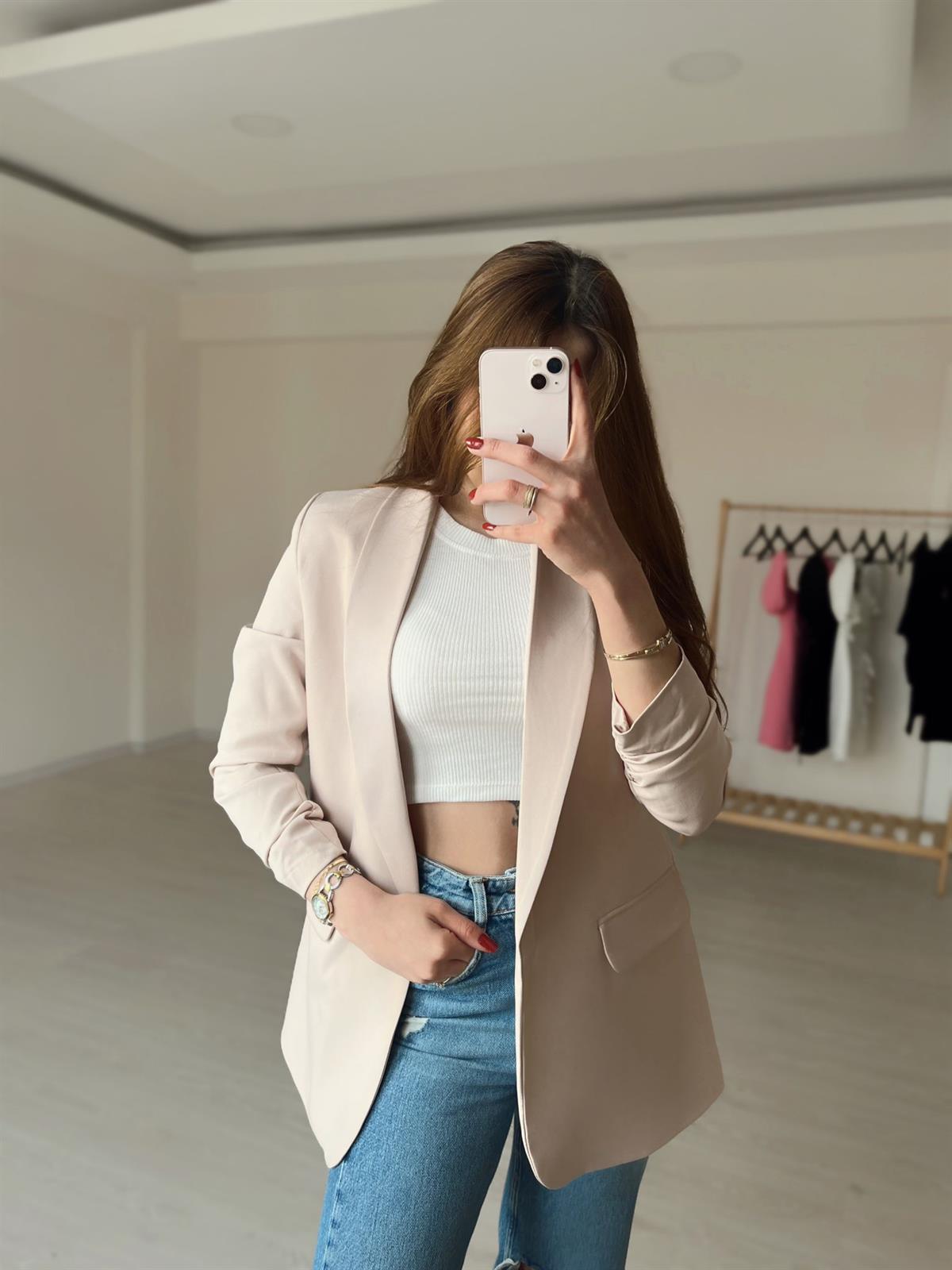 Krem Kol Detay Blazer Ceket