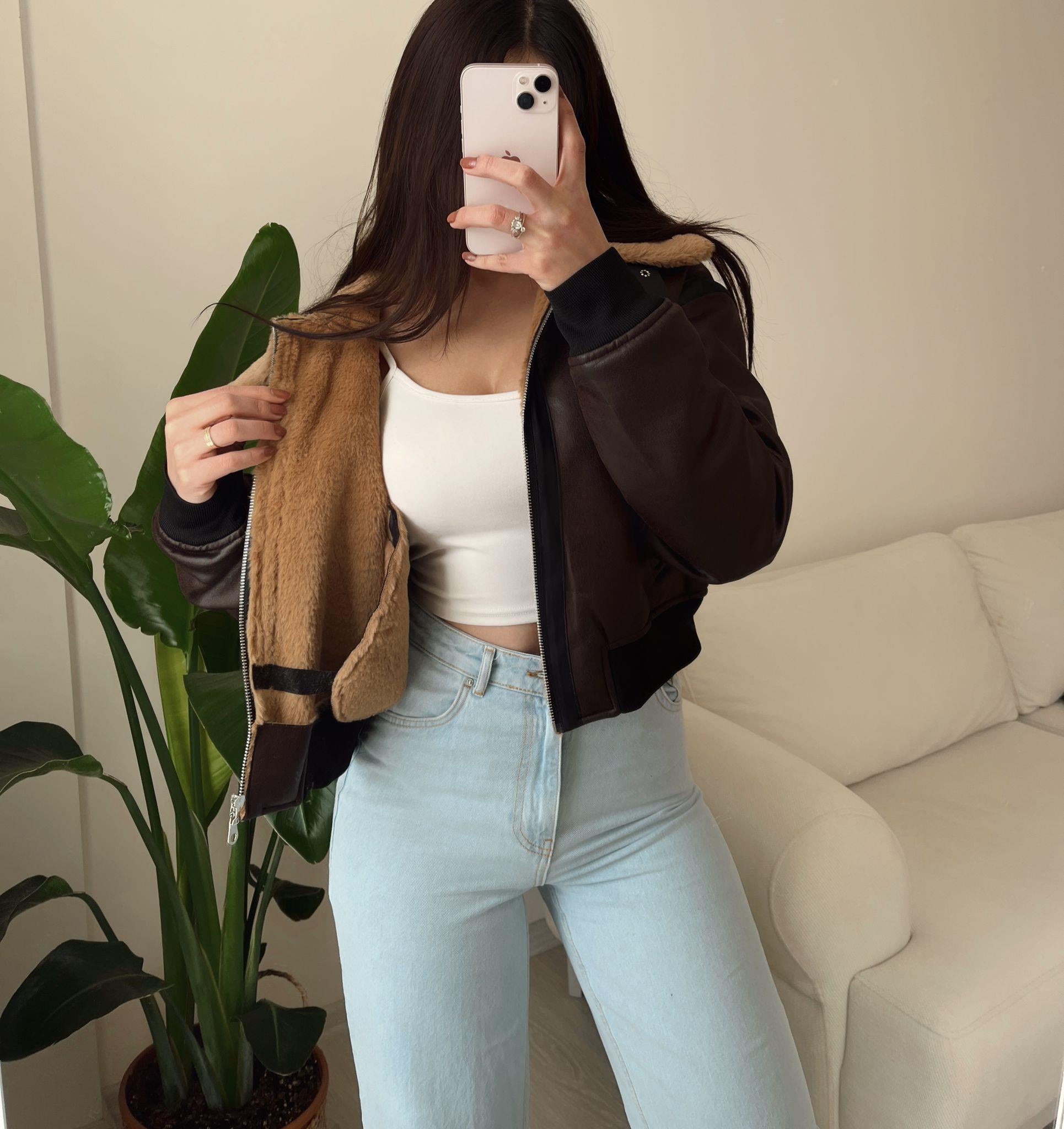 Kylie Kürklü Acı Kahve Bomber Deri Ceket