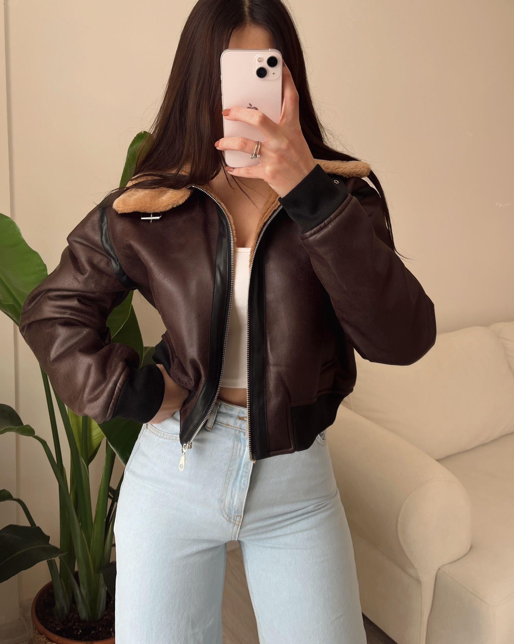 Kylie Kürklü Acı Kahve Bomber Deri Ceket