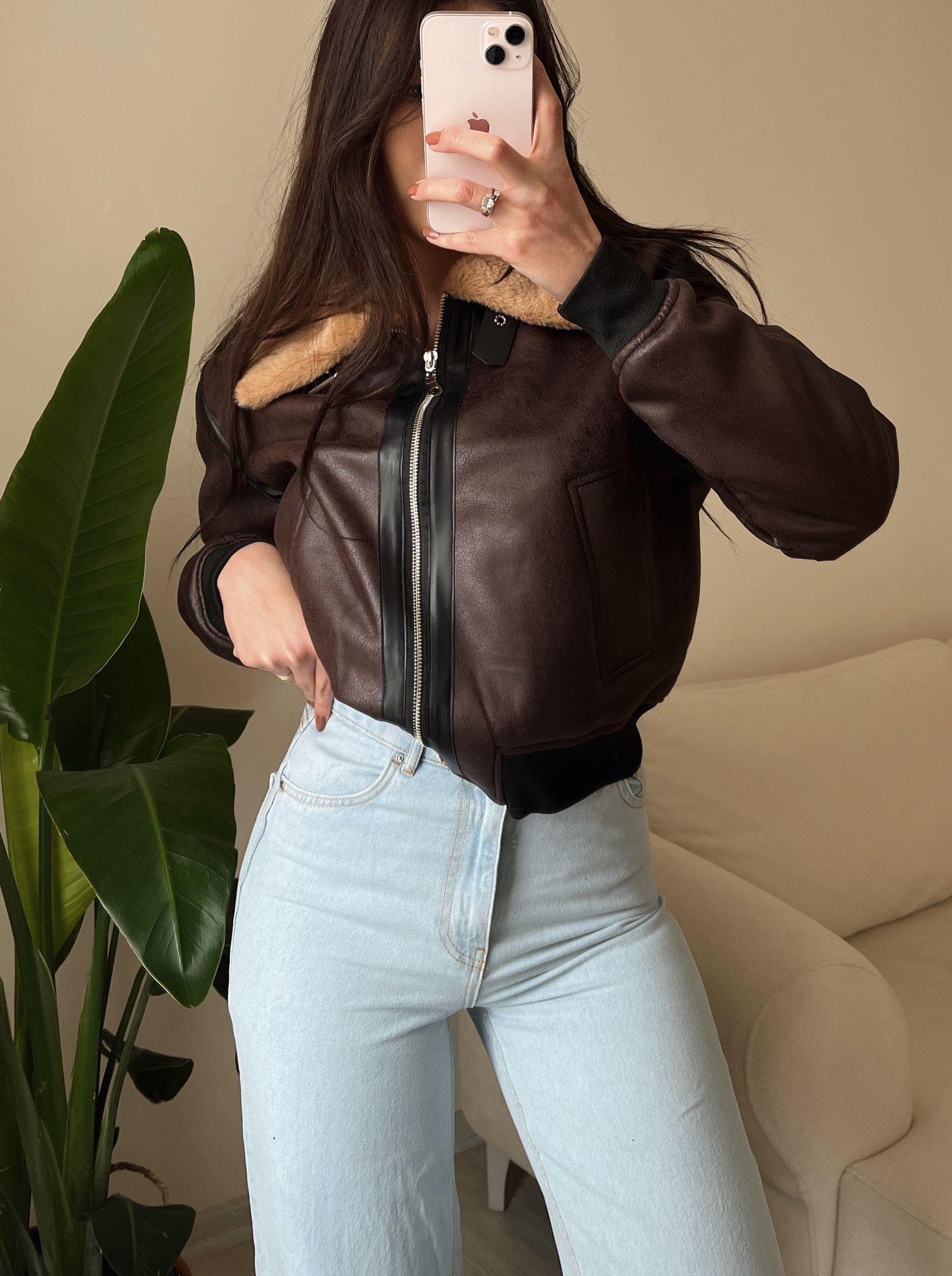 Kylie Kürklü Acı Kahve Bomber Deri Ceket