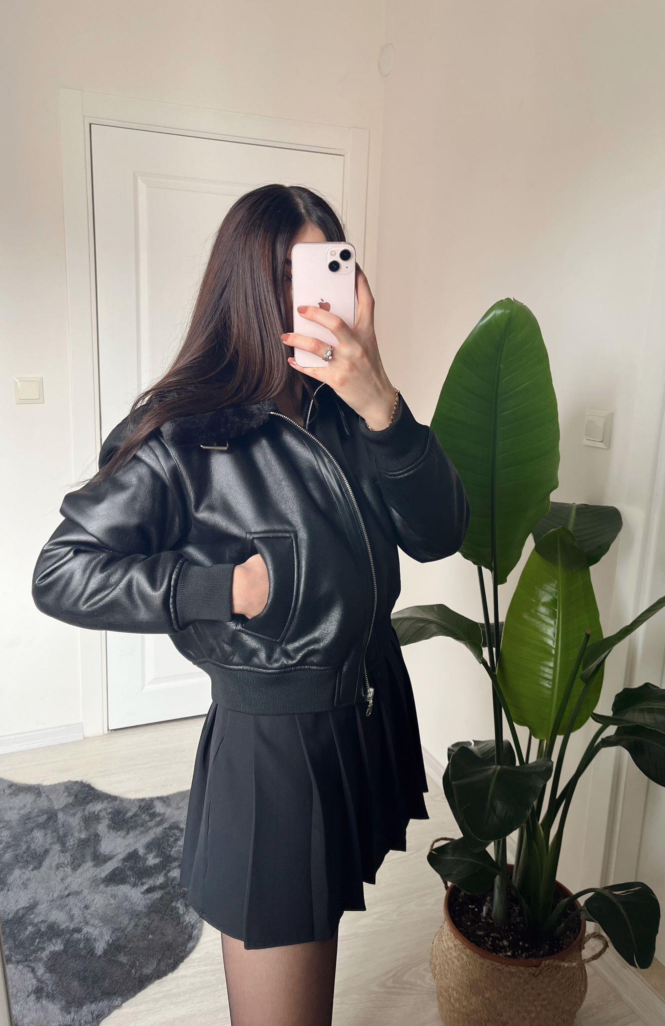 Kylie Kürklü Siyah Bomber Deri Ceket