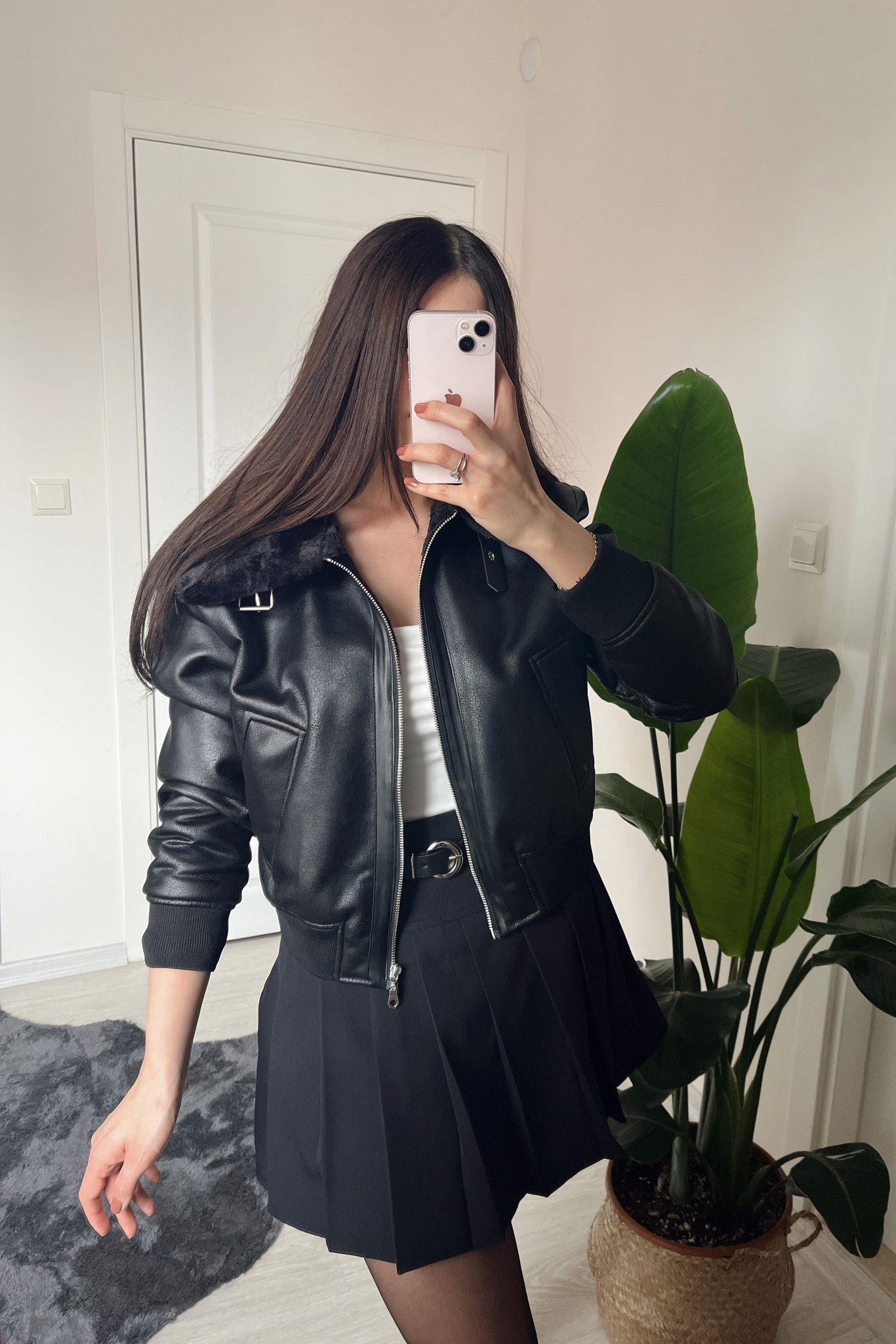 Kylie Kürklü Siyah Bomber Deri Ceket