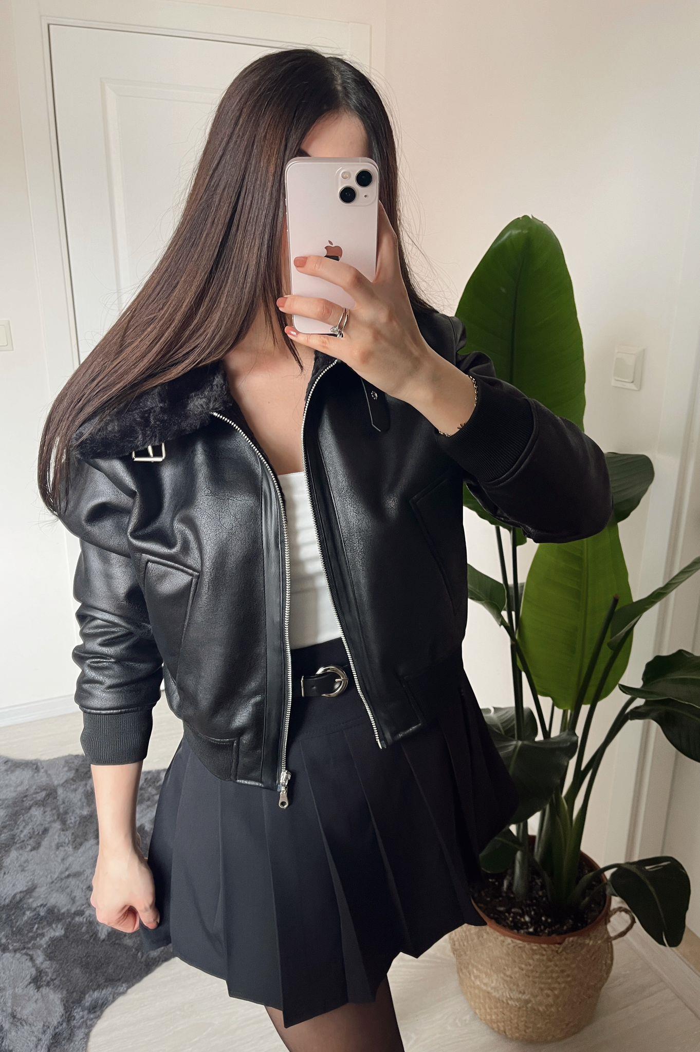 Kylie Kürklü Siyah Bomber Deri Ceket