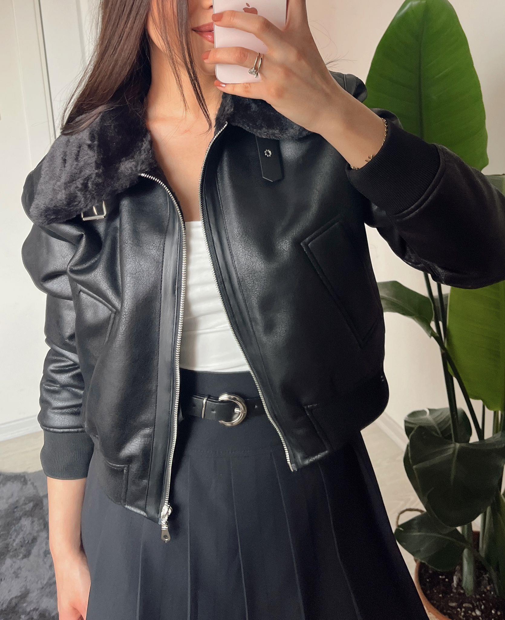 Kylie Kürklü Siyah Bomber Deri Ceket